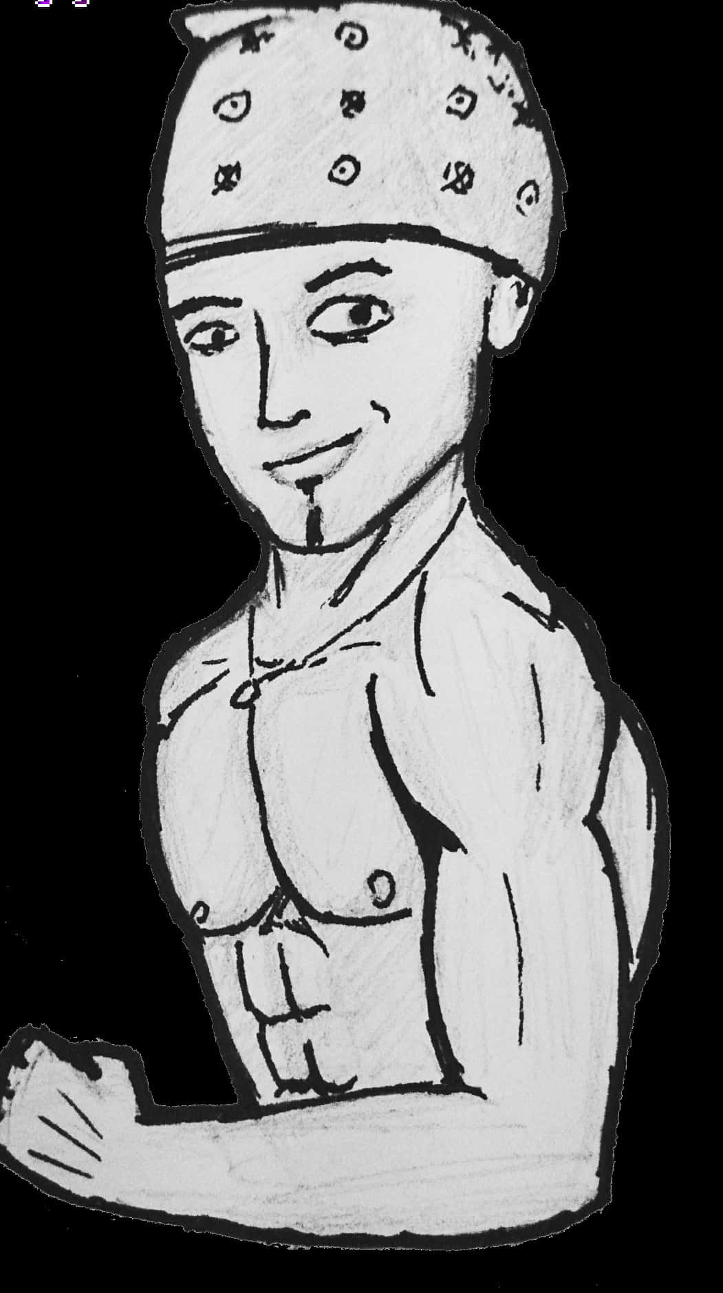 Ricardo Milos 桌布 壁紙 — 一個風格化的線條藝術草圖，描繪一個微笑的男人戴著圖案頭帶，在黑色背景上彎曲他的二頭肌。