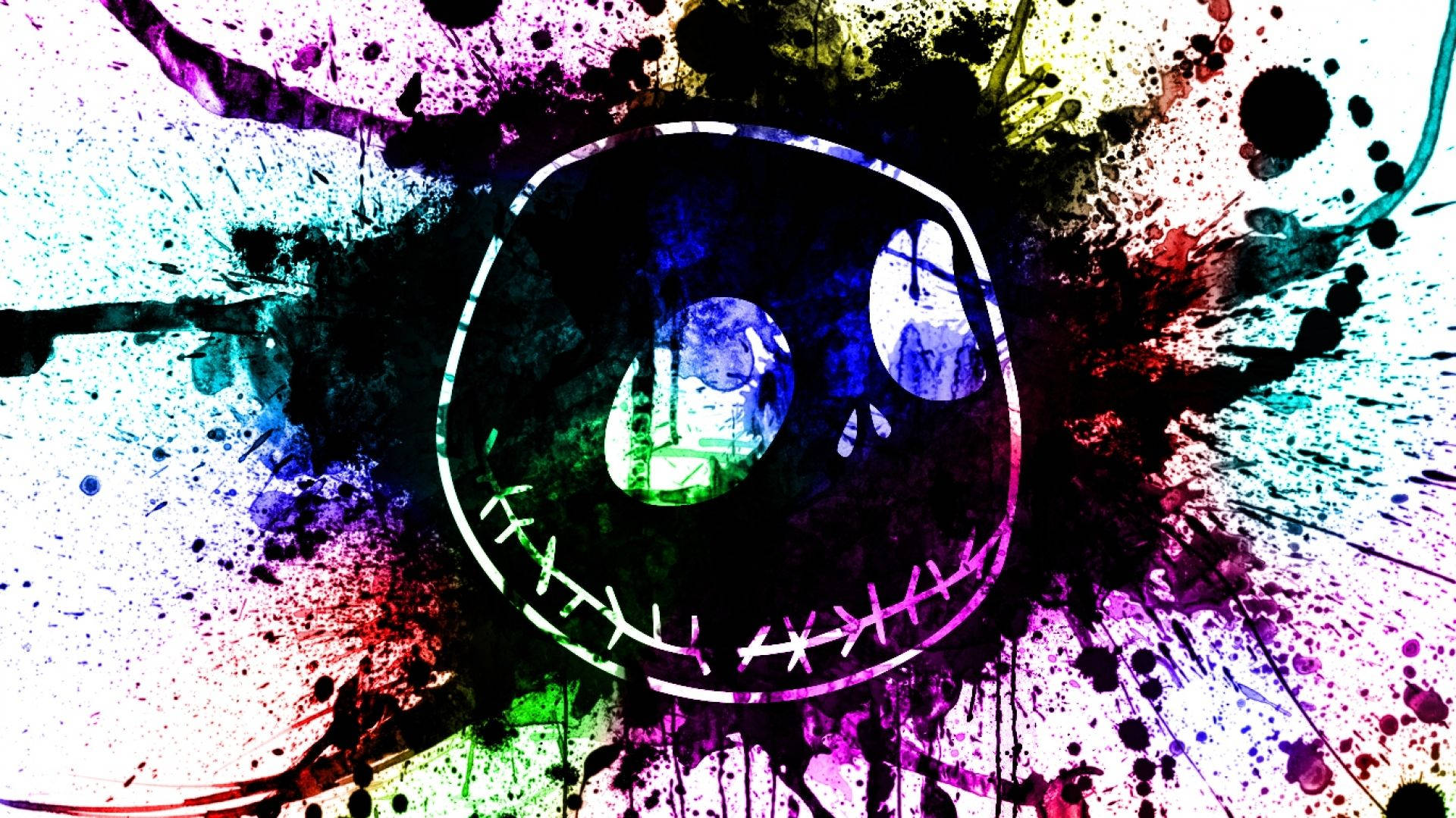 nightmare 桌布 壁紙 — 一個風格化的縫合面孔，帶有發光的眼睛，周圍環繞著紫色、藍綠色和紅色的鮮豔顏料飛濺。
