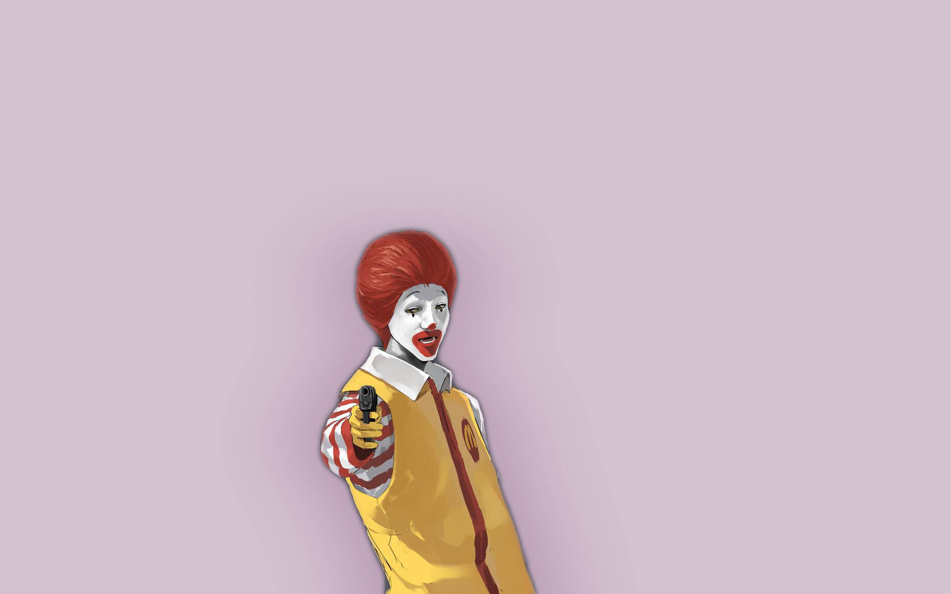 Mcdonalds 桌布 壁紙 — 一個風格化的羅納德·麥當勞人物，在純薰衣草色背景前，表情嚴肅地指著一把手槍。