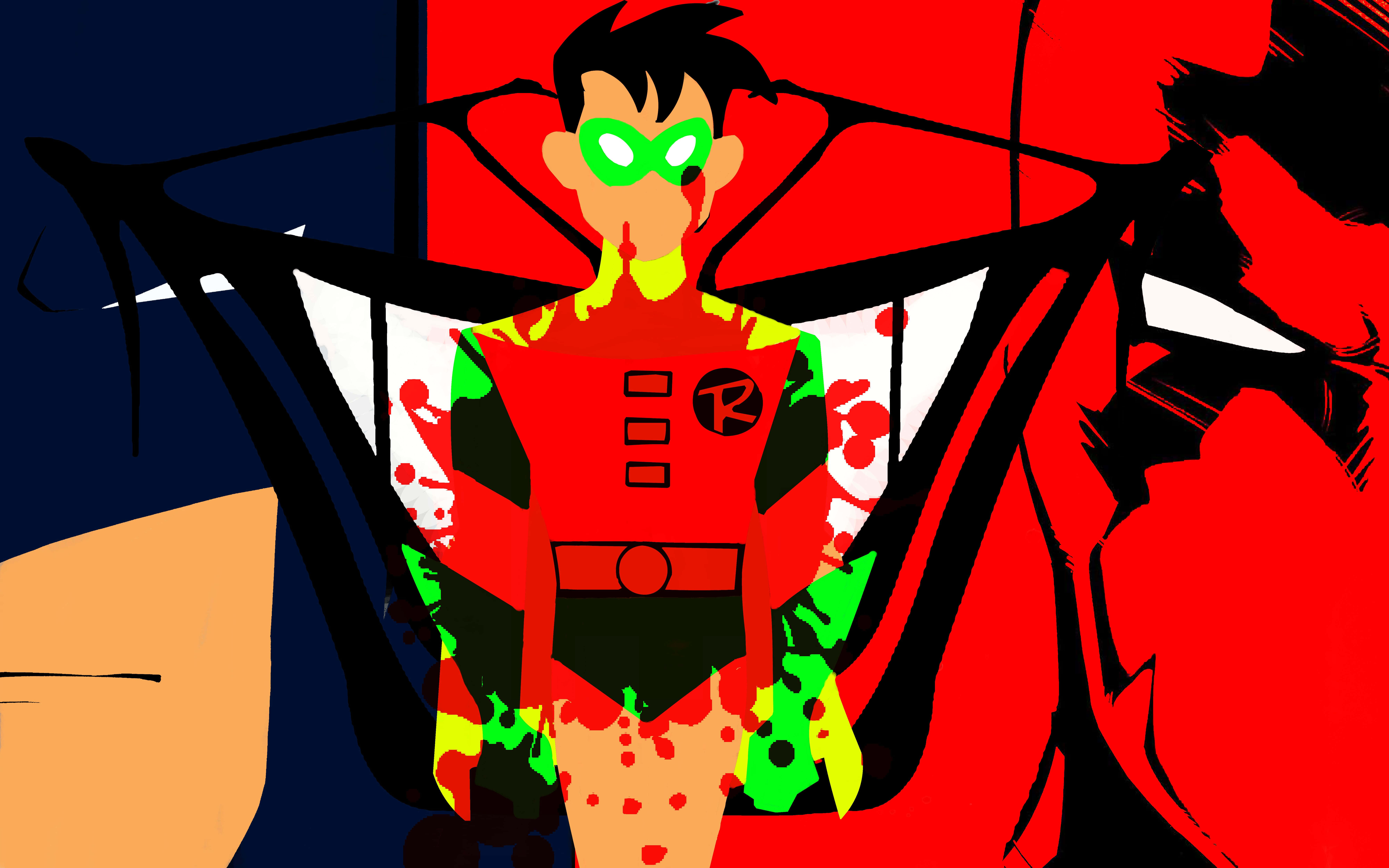 Batman Death In The Family 桌布 壁紙 — 一個風格化的羅賓角色，身穿紅黑服裝，綠色眼睛，在鮮紅色和深藍色背景上帶有潑漆效果。