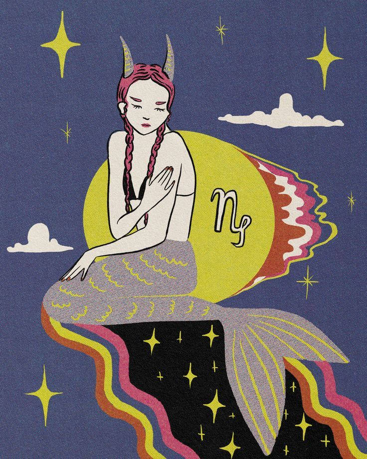 Capricorn 桌布 壁紙 — 一個風格化的美人魚，有粉紅色辮子和角，坐在帶有星座標記的彎月上，周圍環繞著星星和雲朵，背景是深藍色的夜空。