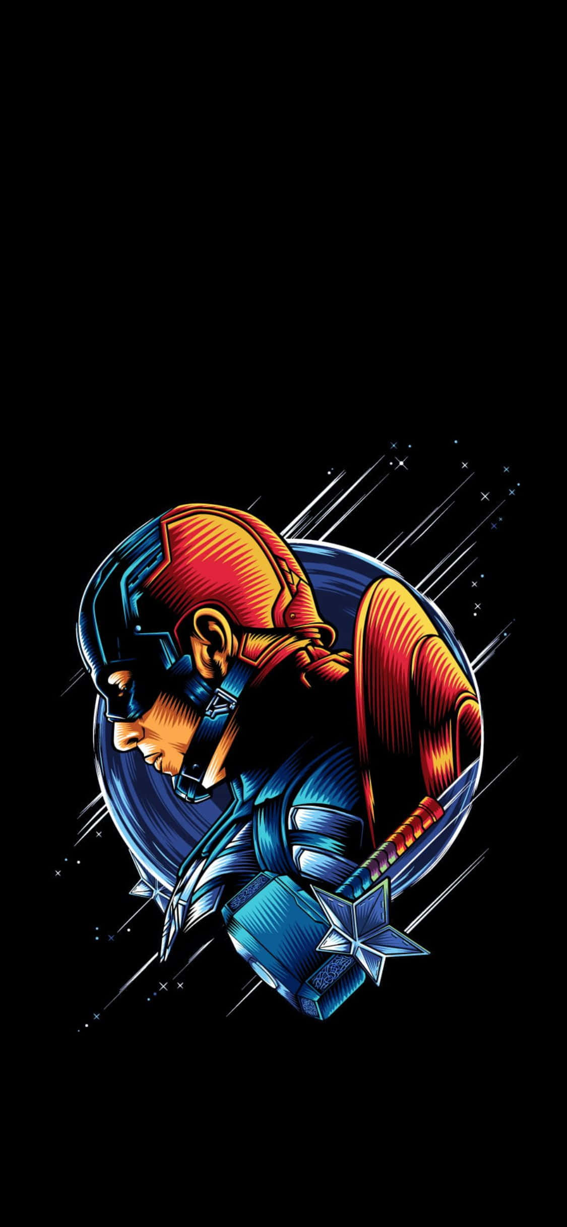 iPhone Xs Avengers 桌布 壁紙 — 一個風格化的美國隊長側面插圖，背景為黑色，帶有動態運動線條和星星。