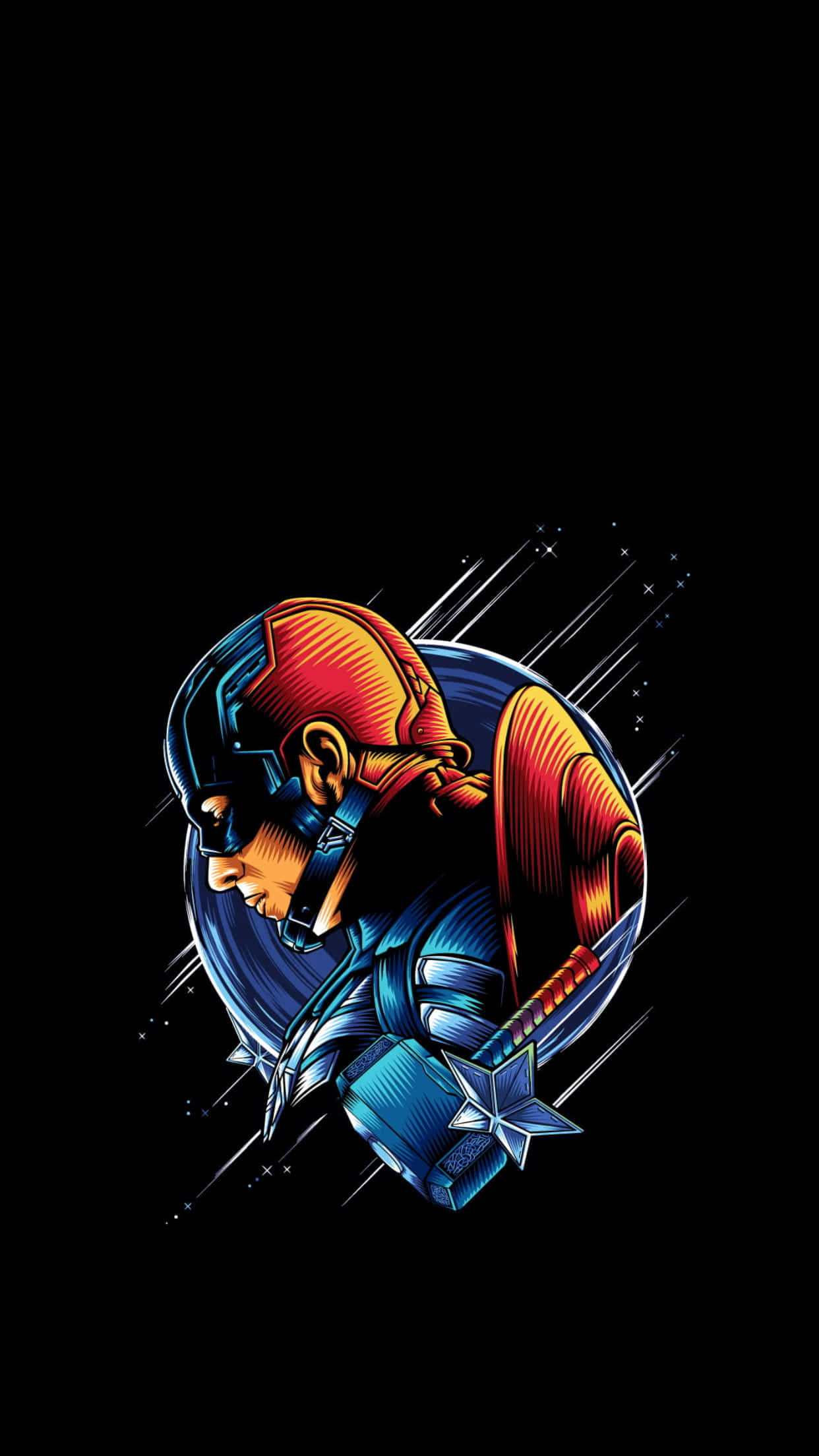 Retro Captain America 桌布 壁紙 — 一個風格化的美國隊長側面插圖，背景為黑色，帶有動態運動線條和星星。