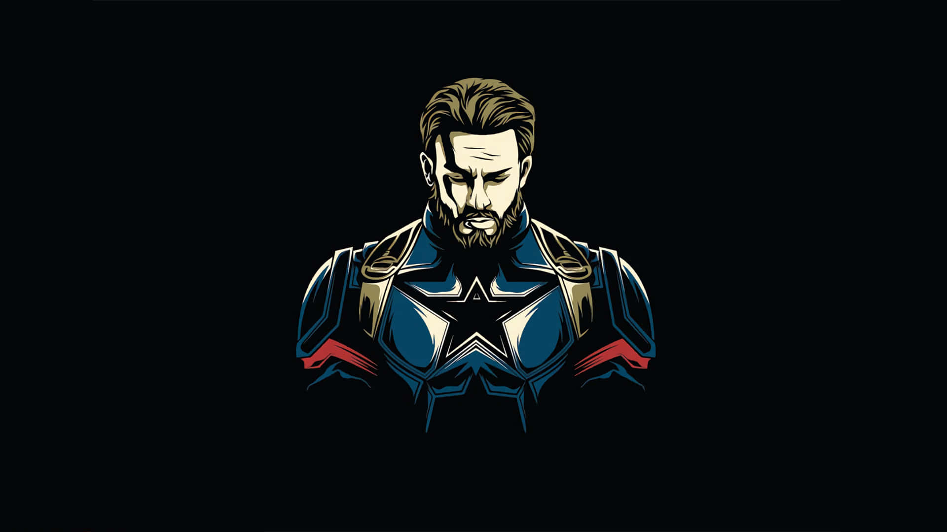 HD Captain America 桌布 壁紙 — 一個風格化的美國隊長插圖，表情嚴肅，背景為黑色。