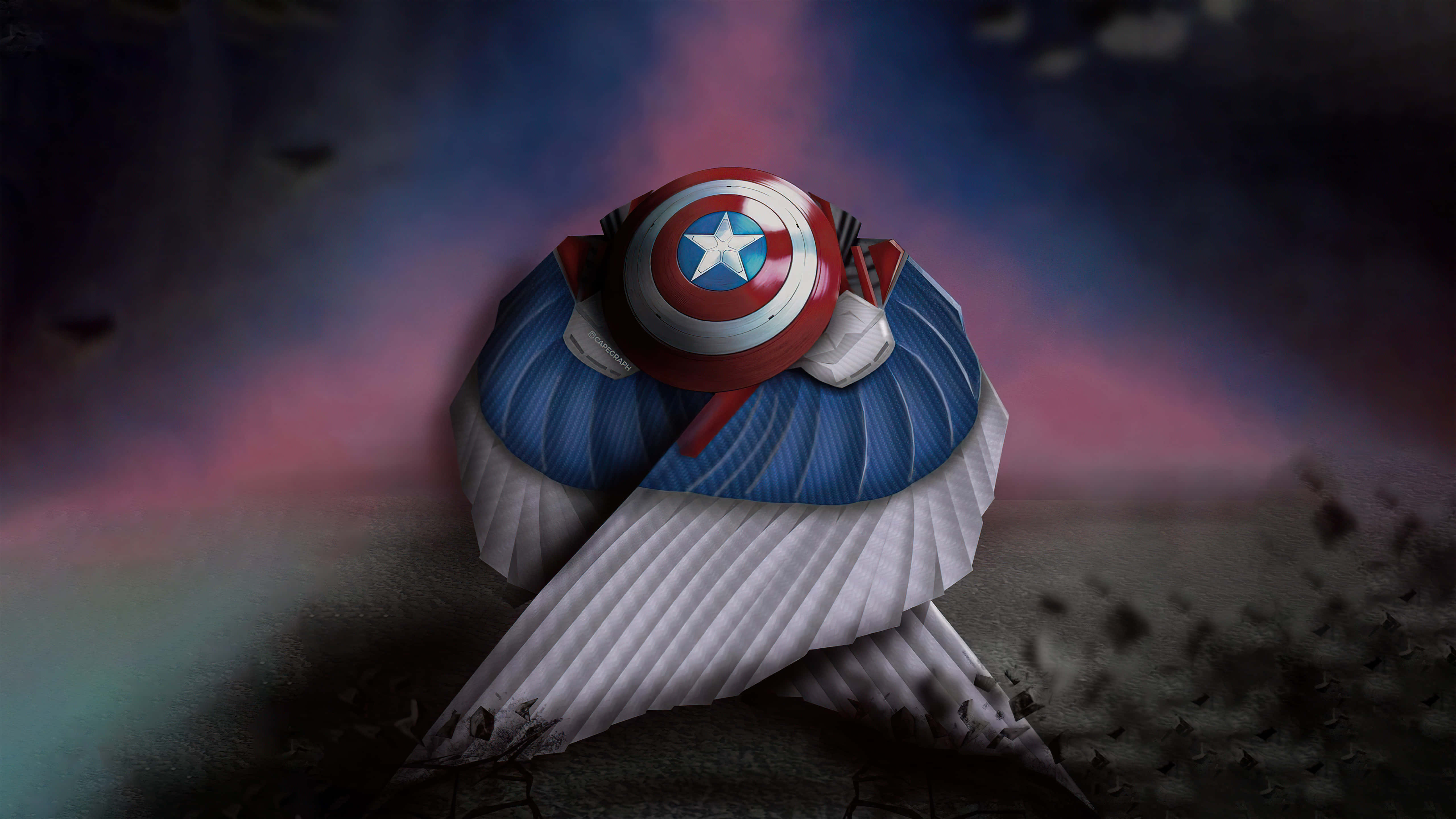 Marvel Falcon Logo 桌布 壁紙 — 一個風格化的美國隊長盾牌放在摺疊的藍白摺紙鳥上，背景是宇宙暮色天空。