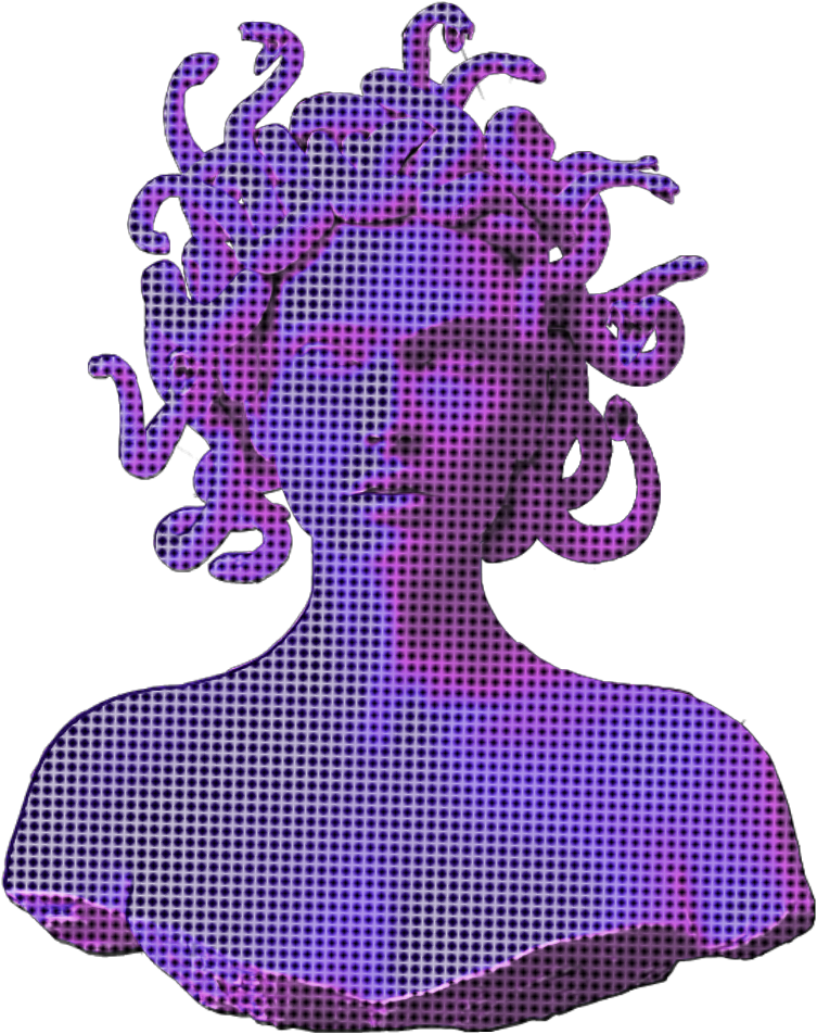 Medusa 桌布 壁紙 — 一個風格化的美杜莎半身像，以鮮豔的紫色半色調點在黑色背景上呈現。