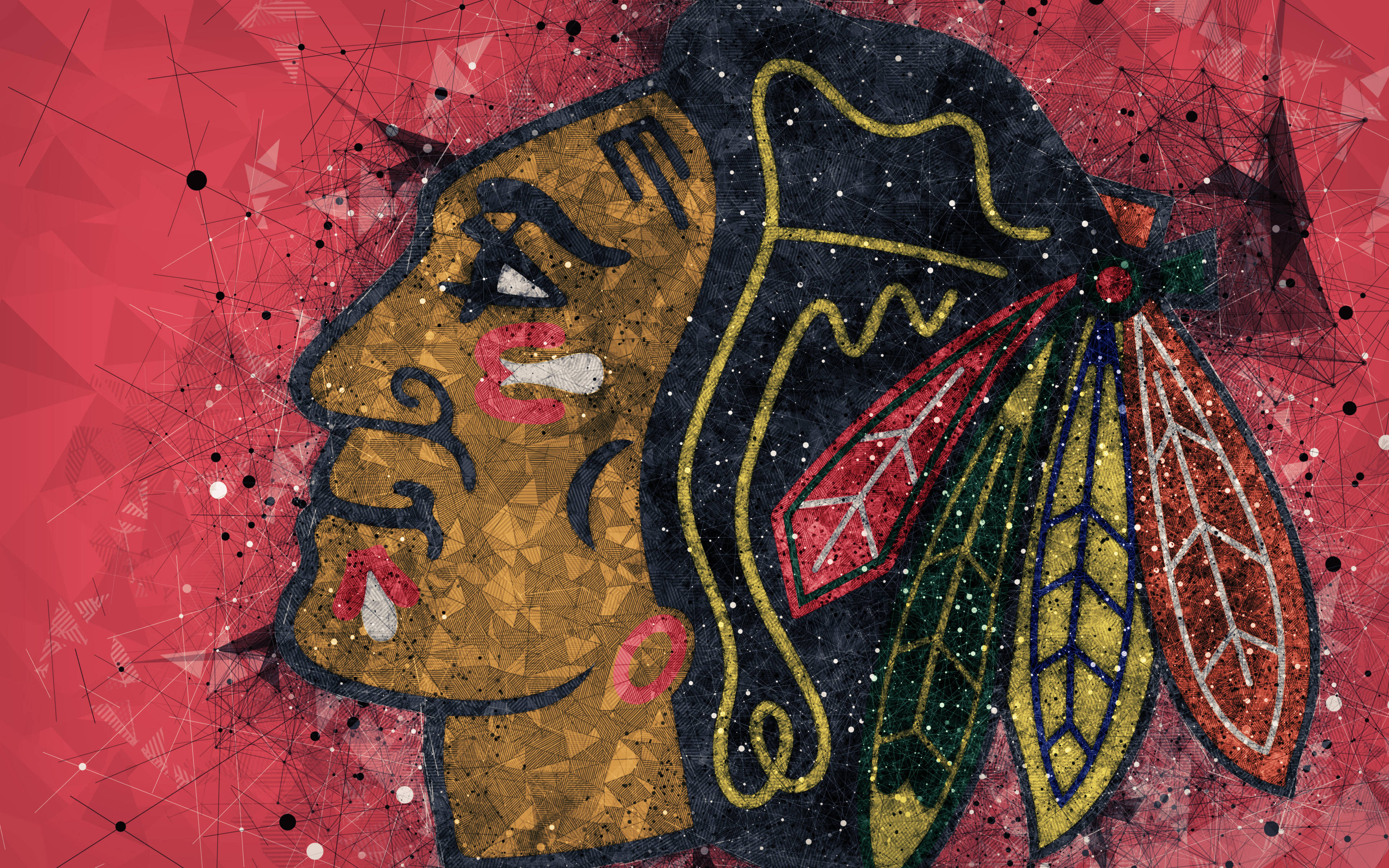 Blackhawks 桌布 壁紙 — 一個風格化的美洲原住民酋長標誌，帶有羽毛和幾何圖案，背景為紅色。
