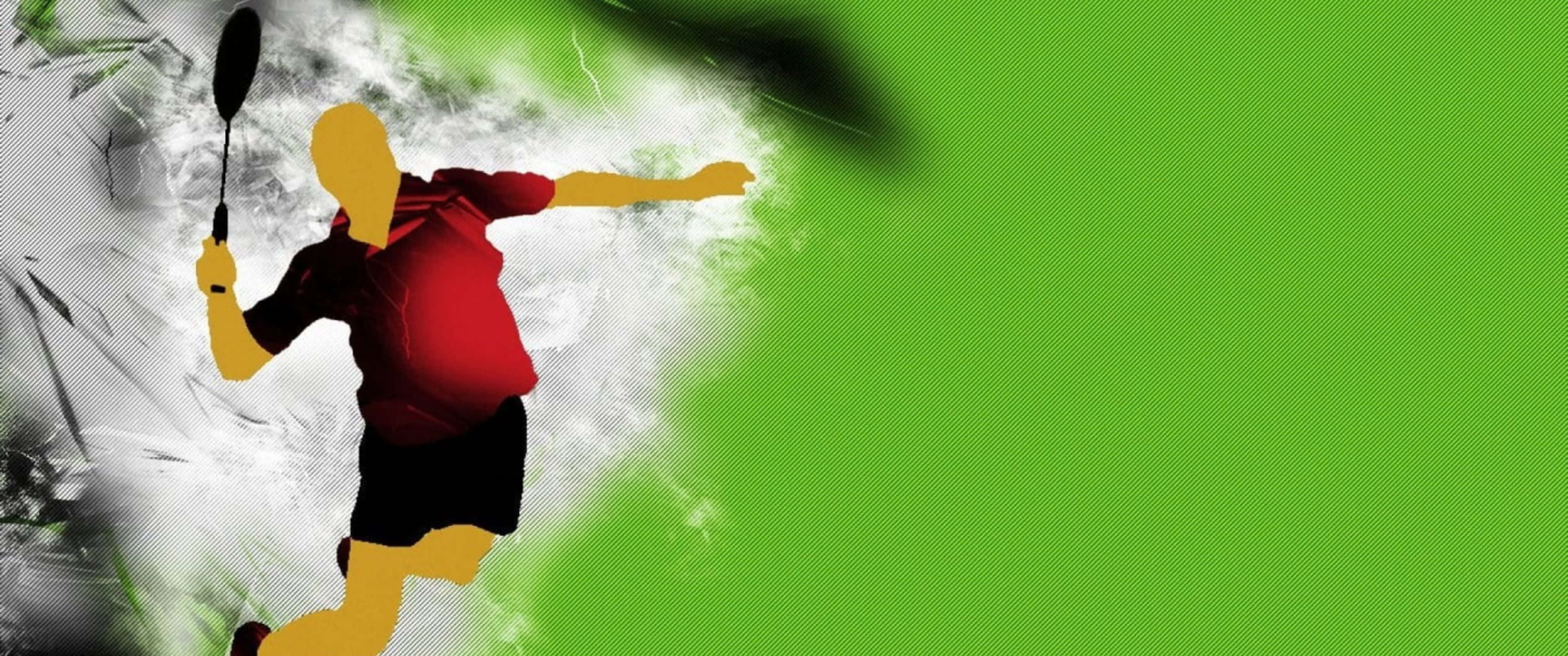 3440x1440p Badminton 桌布 壁紙 — 一個風格化的羽毛球運動員，身穿紅黃色，正在揮拍，背景是動態的綠色和白色抽象圖案。