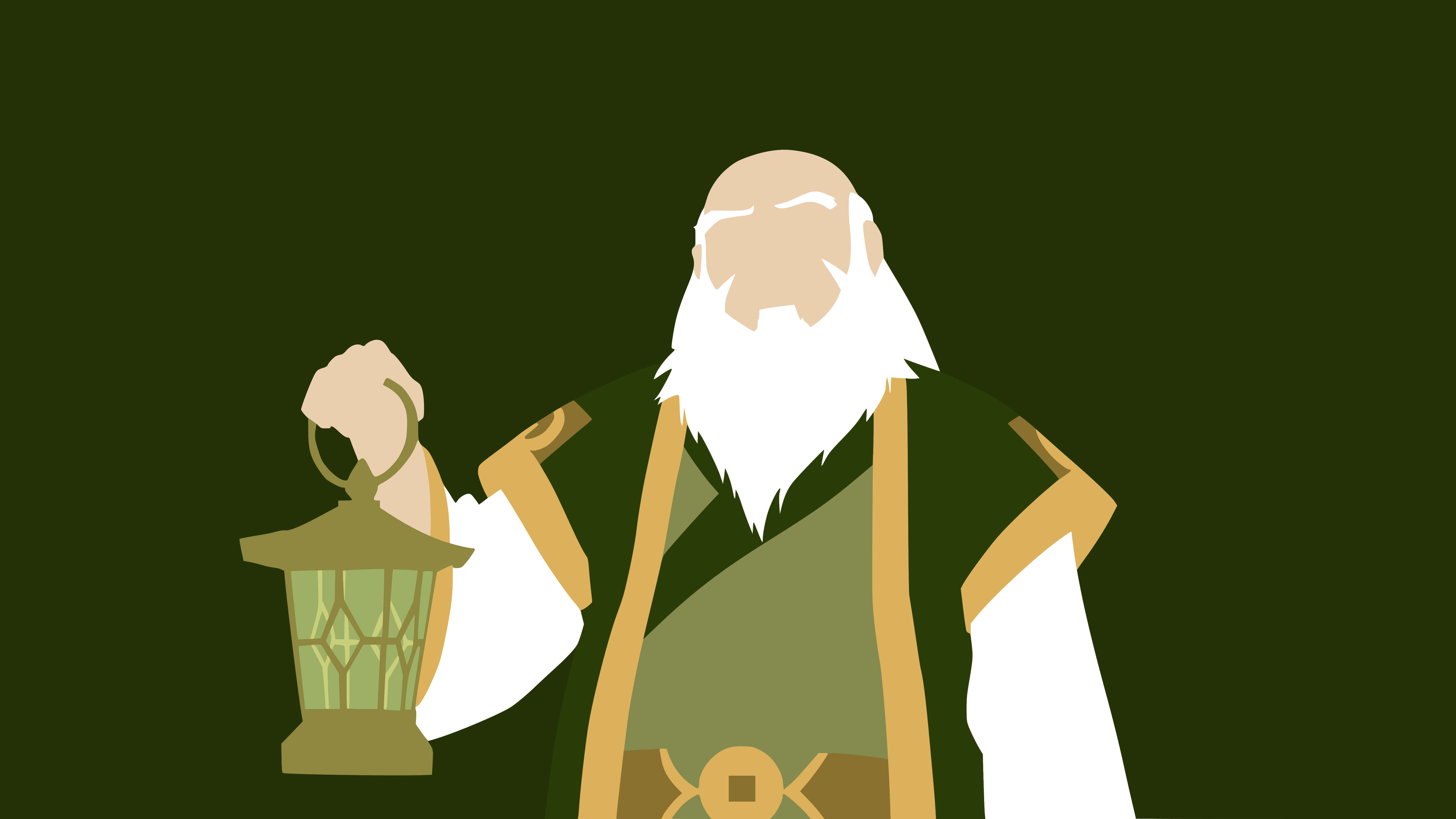 Uncle Iroh 桌布 壁紙 — 一個風格化的老年巫師，留著白鬍子，在深綠色背景前拿著燈籠。