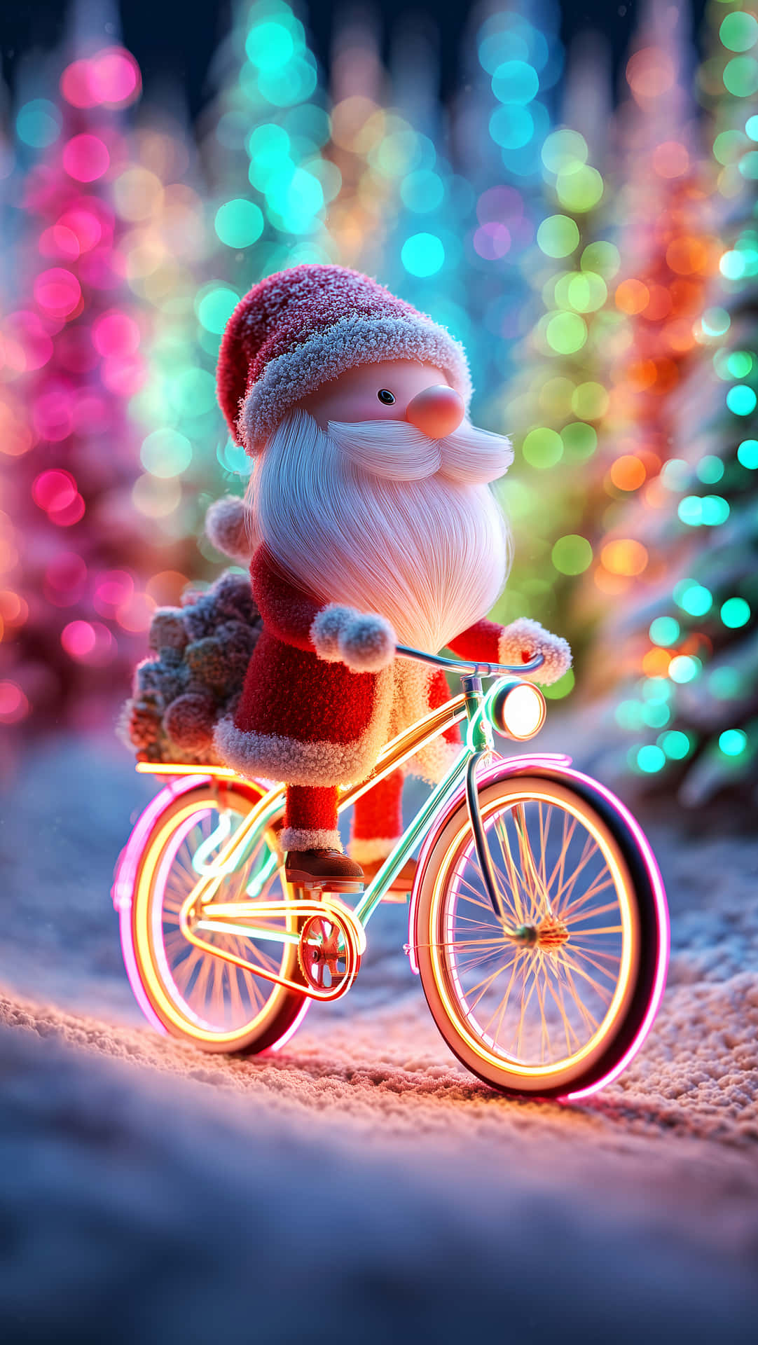 santa claus Christmas Wallpapers 壁紙 — 一個風格化的聖誕老人騎著發光的腳踏車穿過雪地，背景是充滿活力的散景燈光。