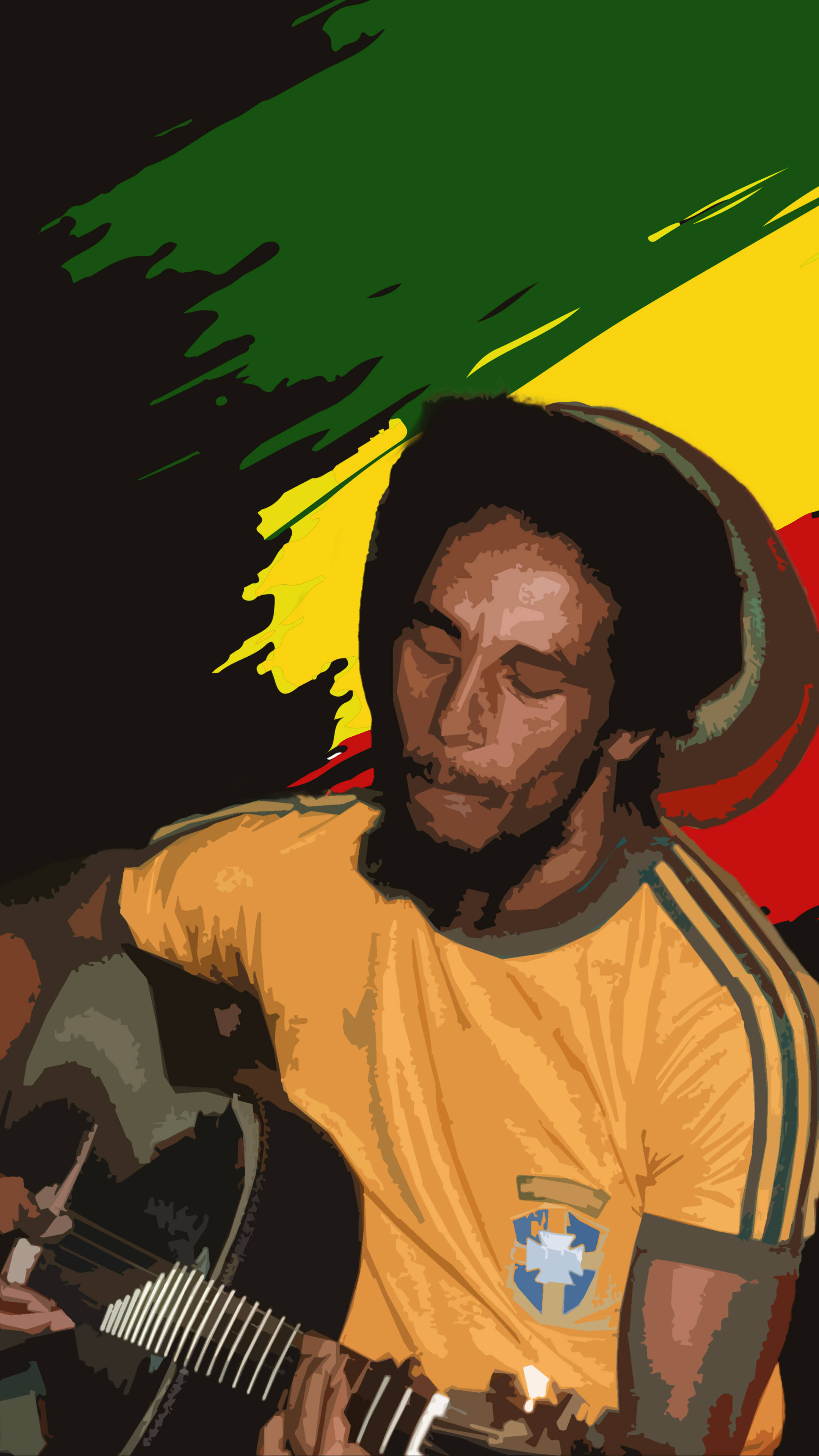 Bob Marley 桌布 壁紙 — 一個風格化的肖像，Bob Marley 在充滿活力的綠色、黃色和紅色背景前彈吉他。