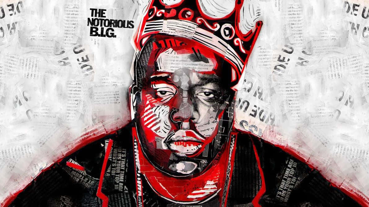 Rappers 桌布 壁紙 — 一個風格化的肖像，The Notorious B.I.G. 戴著紅色皇冠，背景是報紙拼貼。