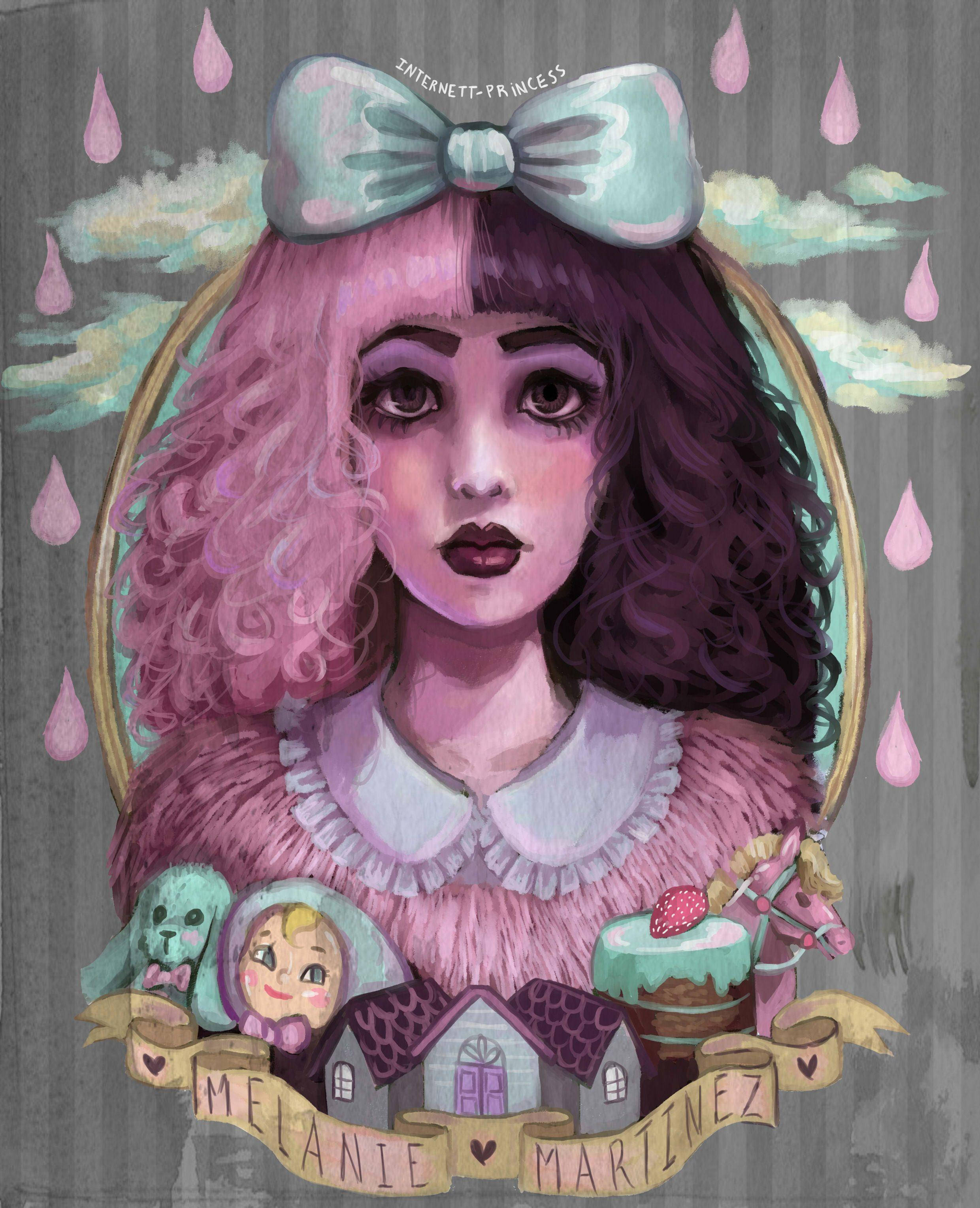 Melanie 桌布 壁紙 — 一個風格化的肖像，一個擁有粉紅色和紫色頭髮的女孩，戴著一個大蝴蝶結，周圍環繞著奇特的物體和粉紅色的雨滴。
