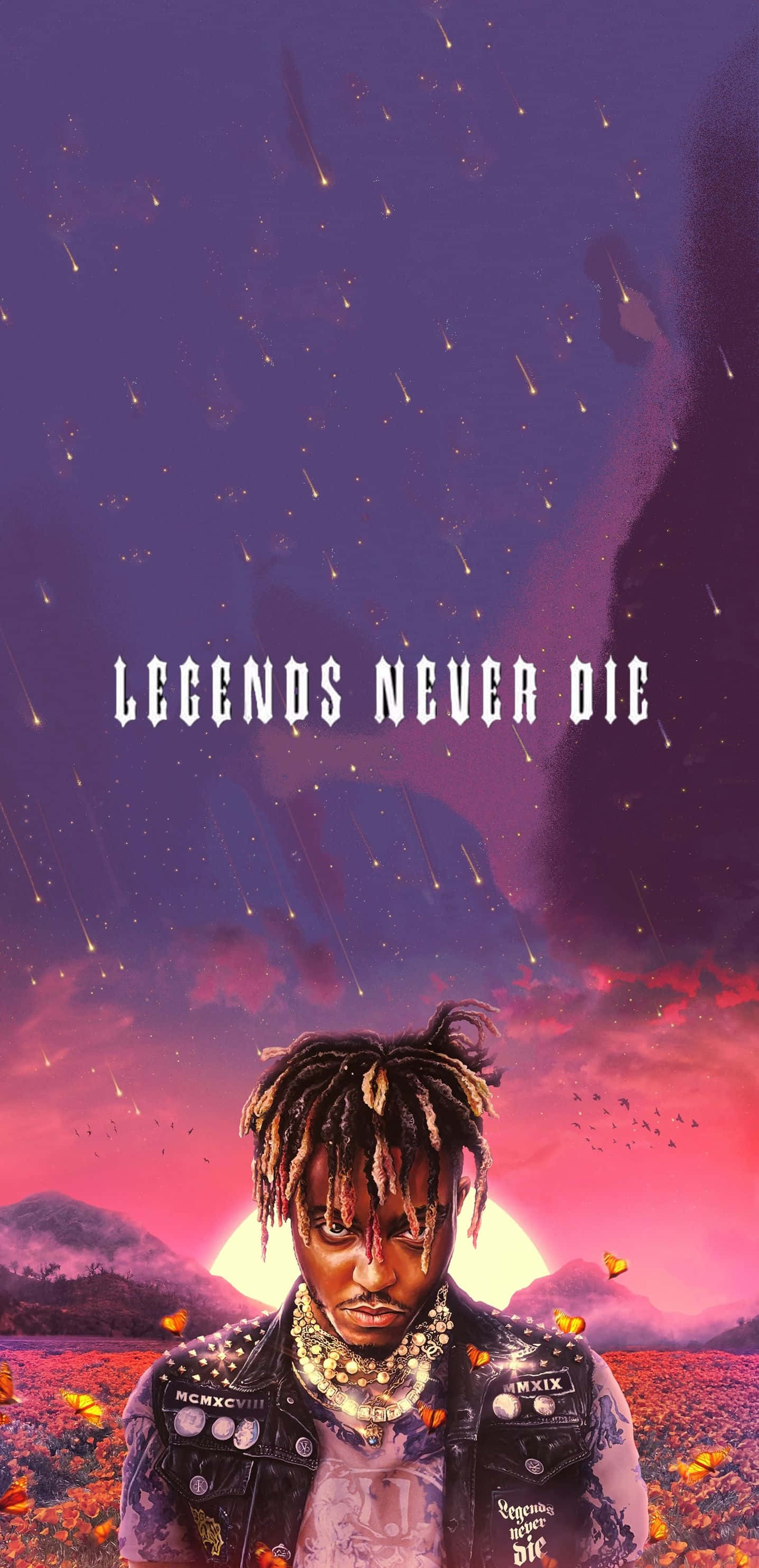 Juice Wrld Quotes 桌布 壁紙 — 一個風格化的肖像，一個有辮子頭的男人，背景是超現實的日落天空，充滿流星和文字 legends never die。