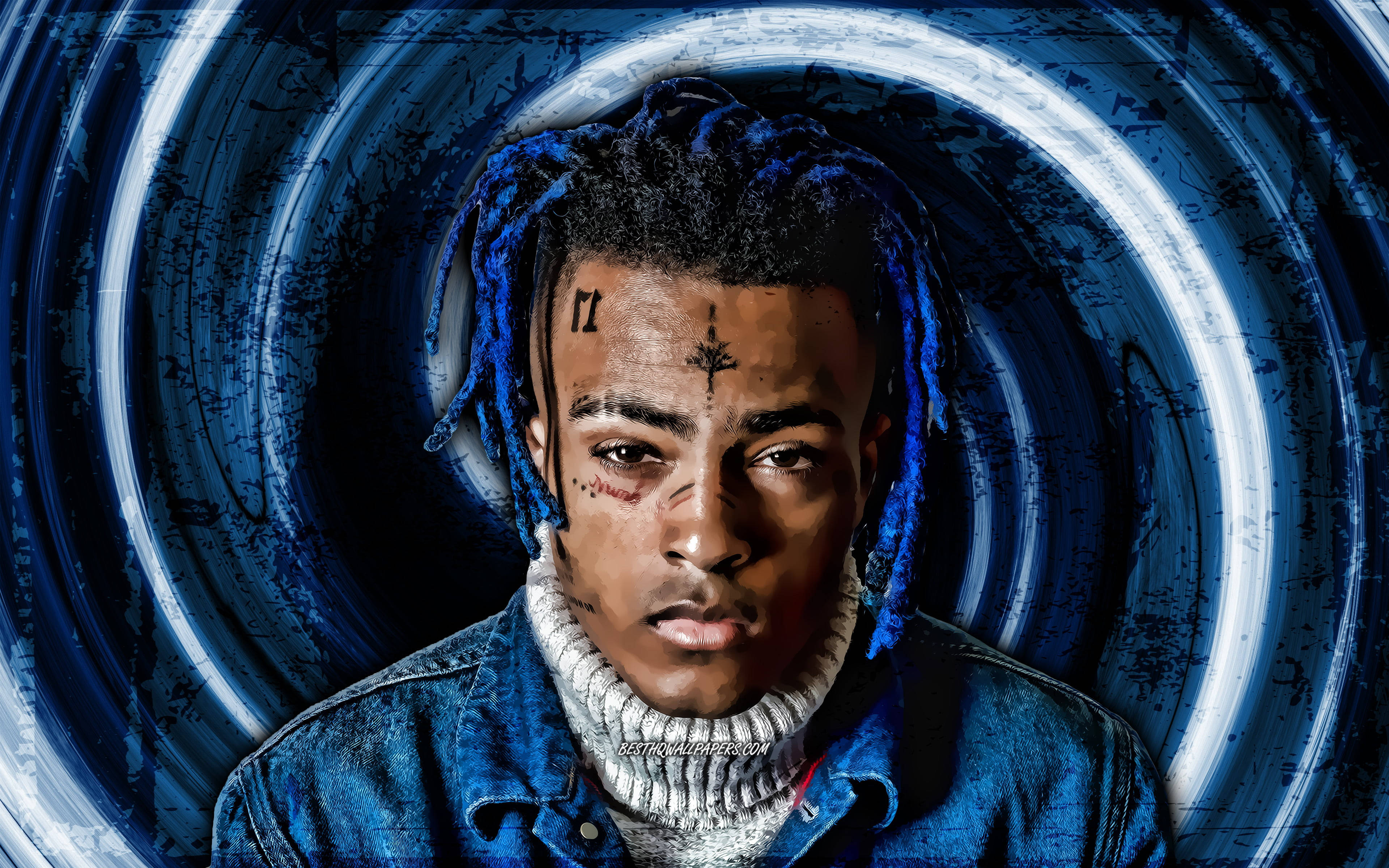 xxxtentacion 電腦 桌布 壁紙 — 一個風格化的肖像，一個男人帶著藍色辮子和面部刺青，背景是旋轉的藍白漩渦。