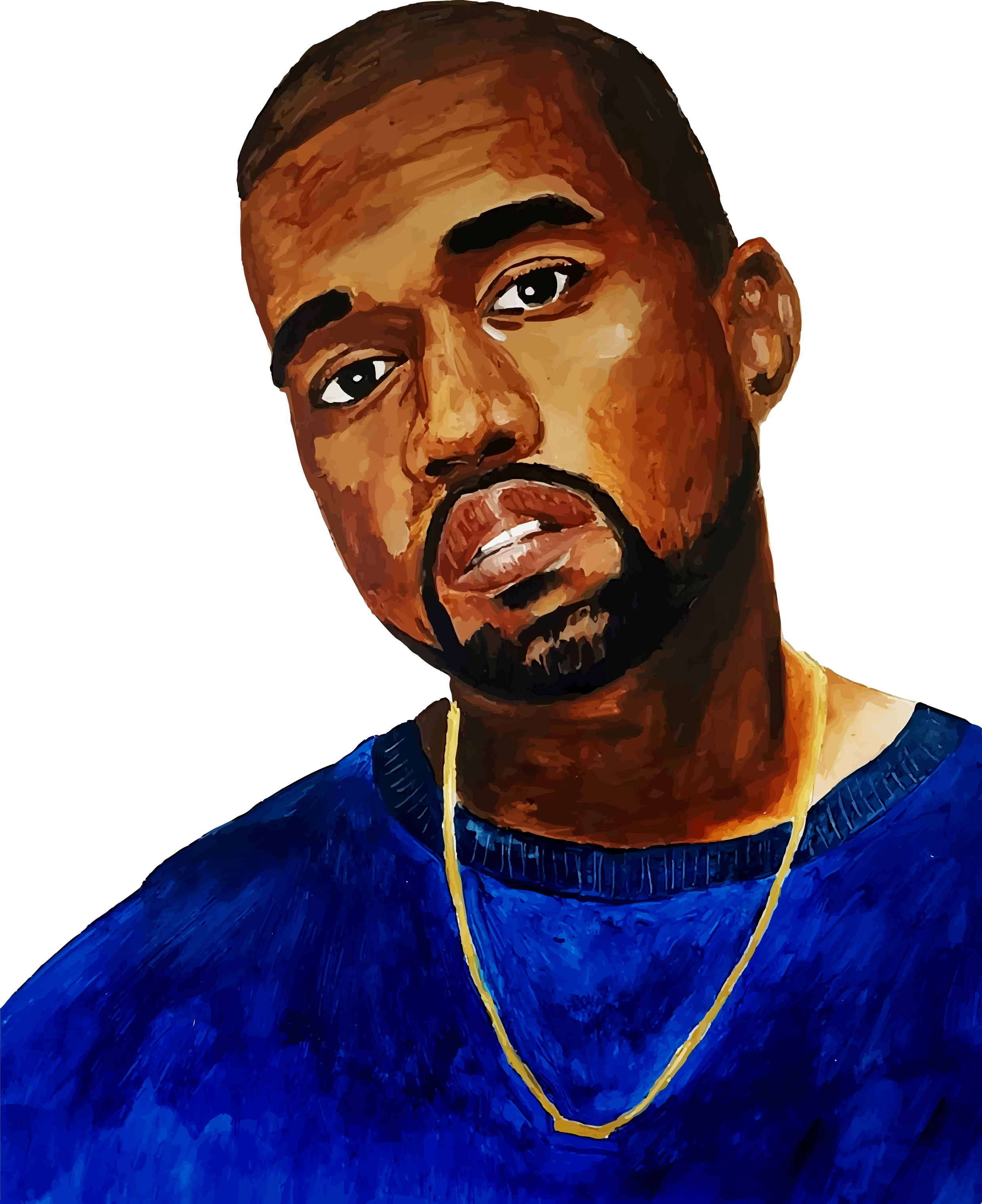 Kanye 桌布 壁紙 — 一個風格化的肖像，一個留鬍子的男人穿著藍色毛衣和金色鏈條，背景是暖色調的抽象背景。