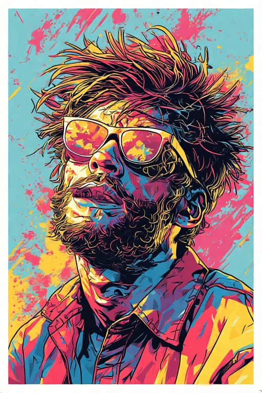 Bold Pop Art Comic Wallpaper 壁紙 — 一個風格化的肖像，一個留鬍子的男人，頭髮狂野，戴著太陽眼鏡，背景是充滿活力的潑濺背景。