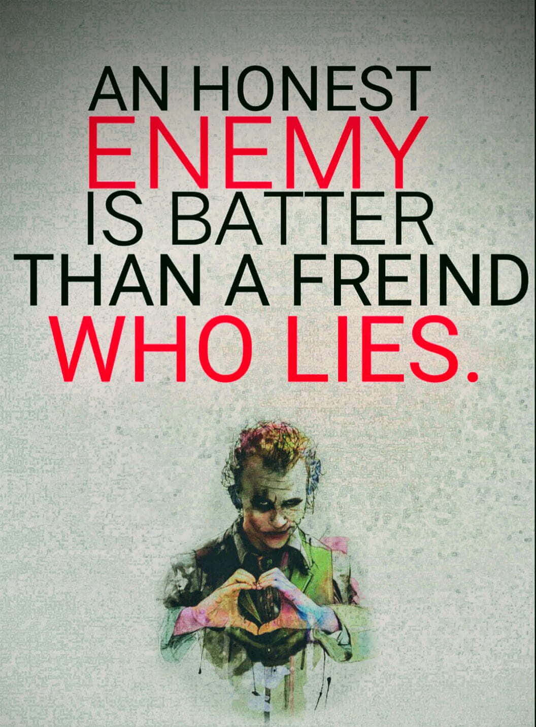 Joker Quotes 桌布 壁紙 — 一個風格化的肖像，一個臉上塗有顏料的男子在粗體紅色和黑色文字下用手形成心形。