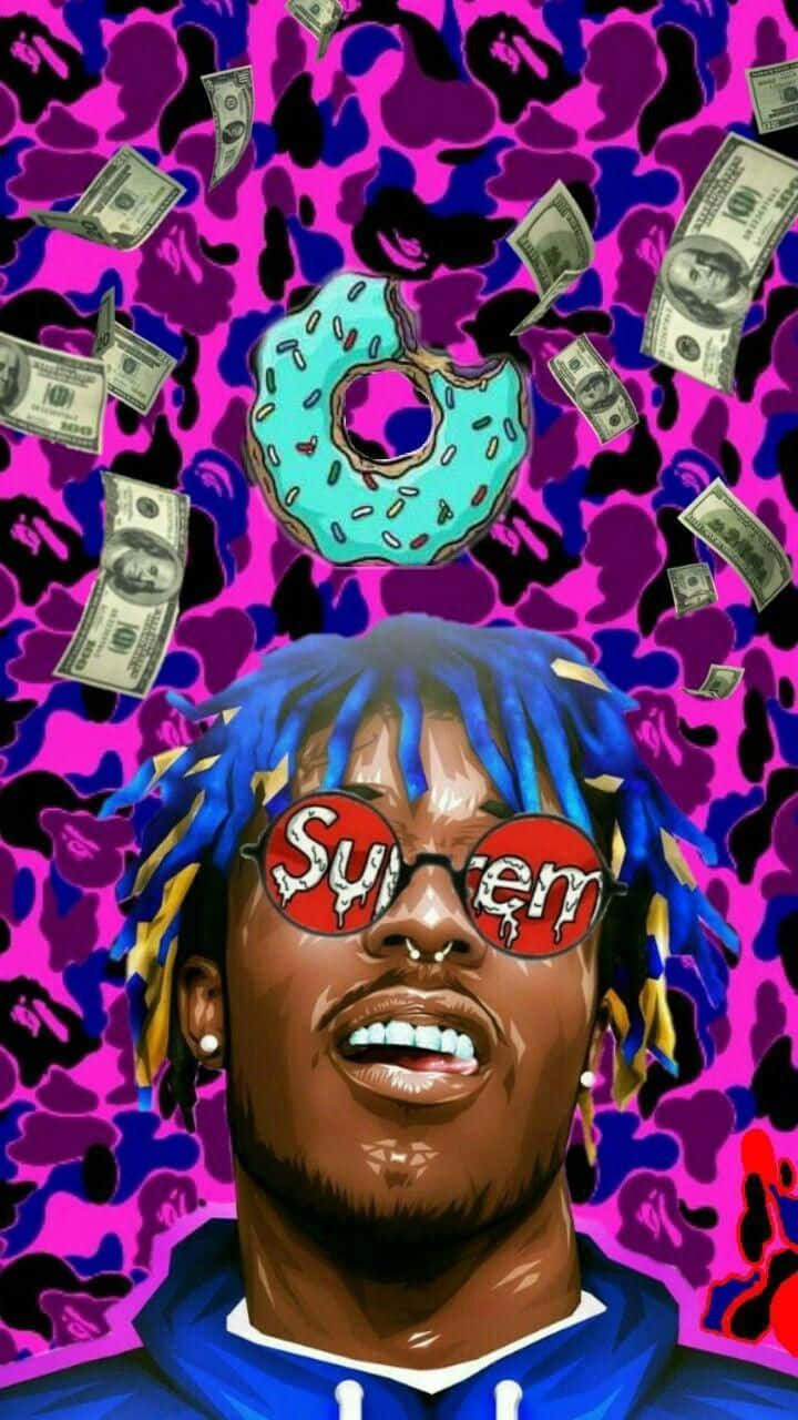 Rap 桌布 壁紙 — 一個風格化的肖像，一個藍色頭髮、戴著Supreme眼鏡的男人，被掉落的金錢和一個巨型甜甜圈包圍，背景是充滿活力的粉紅色和紫色迷彩。