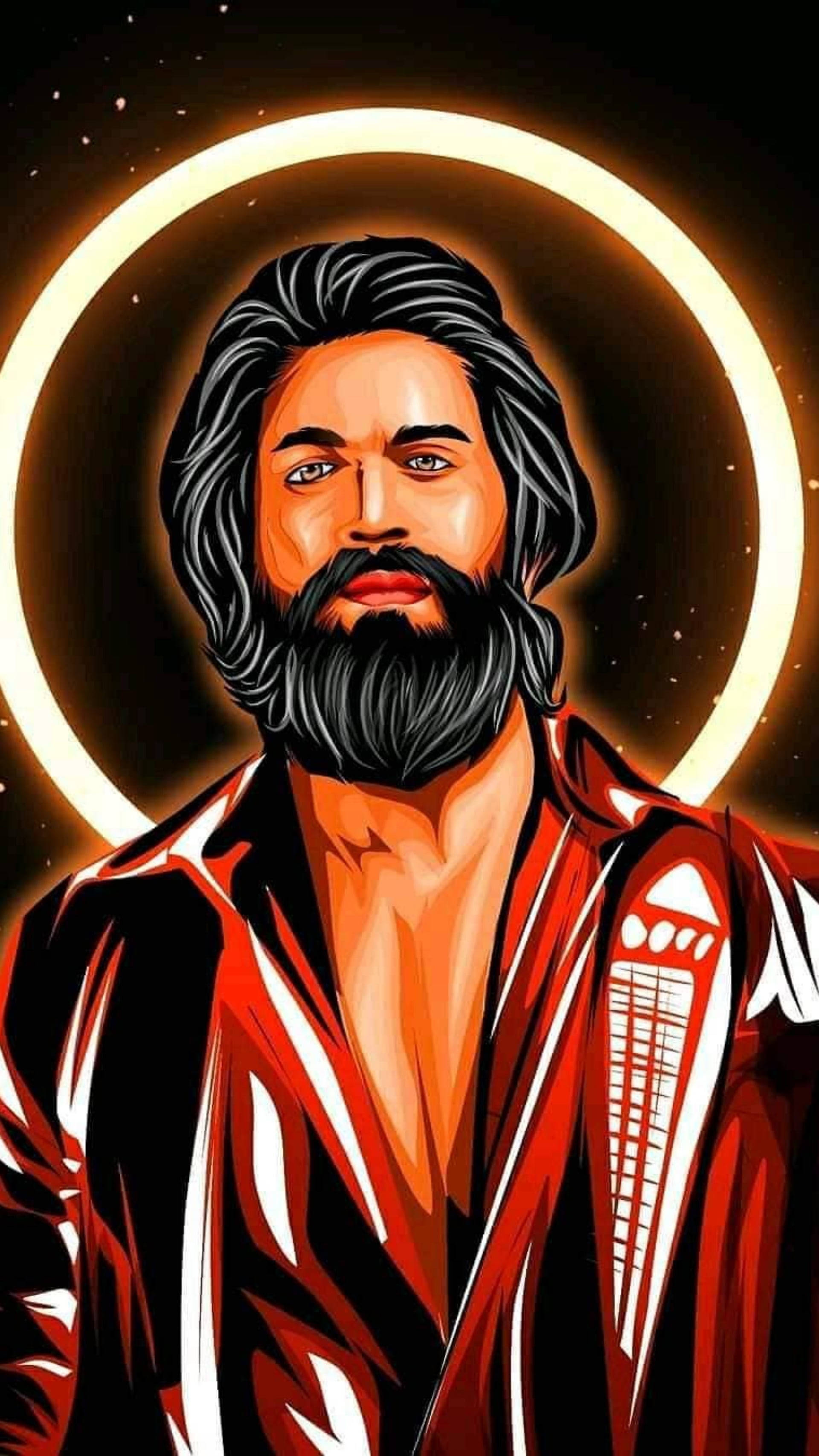 Indian 桌布 壁紙 — 一個風格化的肖像，一個鬍鬚男穿著紅黑服裝，頭後有發光光環，背景是星空。