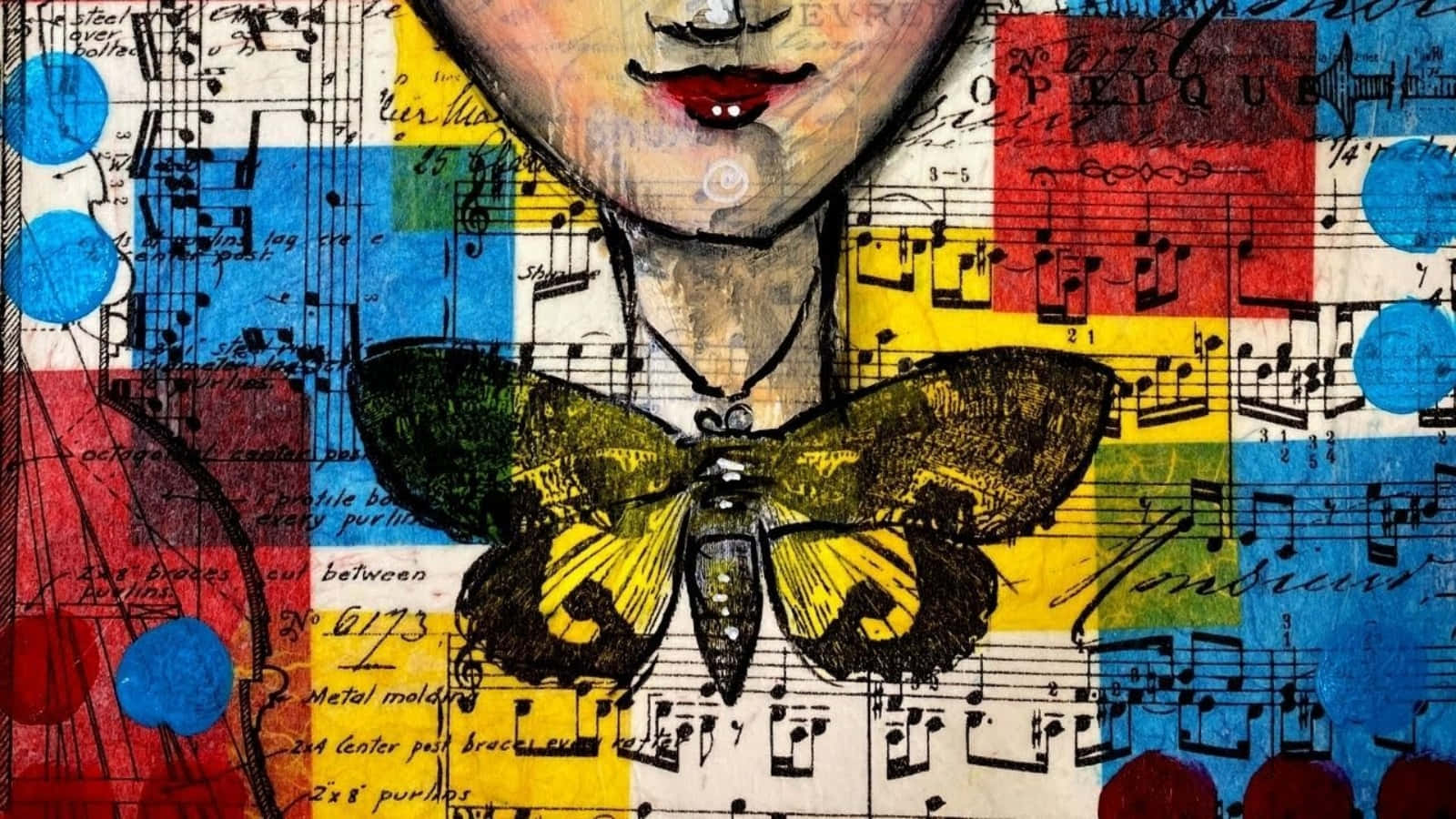Mixed Media 桌布 壁紙 — 一個風格化的肖像，上面有黃色和黑色的蝴蝶，覆蓋在色彩繽紛的音樂符號和文字的拼貼畫上。