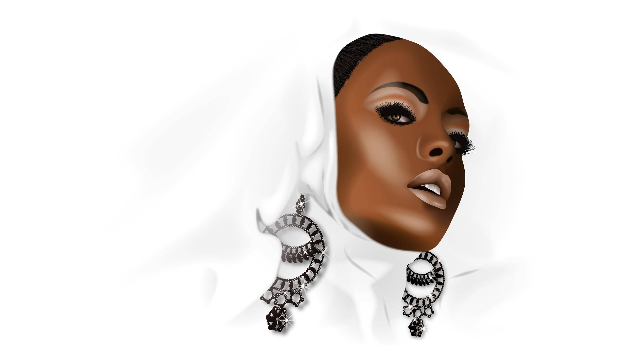 Black Girl 桌布 壁紙 — 一個風格化的肖像，描繪一位深色皮膚的女性，戴著華麗的銀耳環和白色頭巾，背景為純白色。