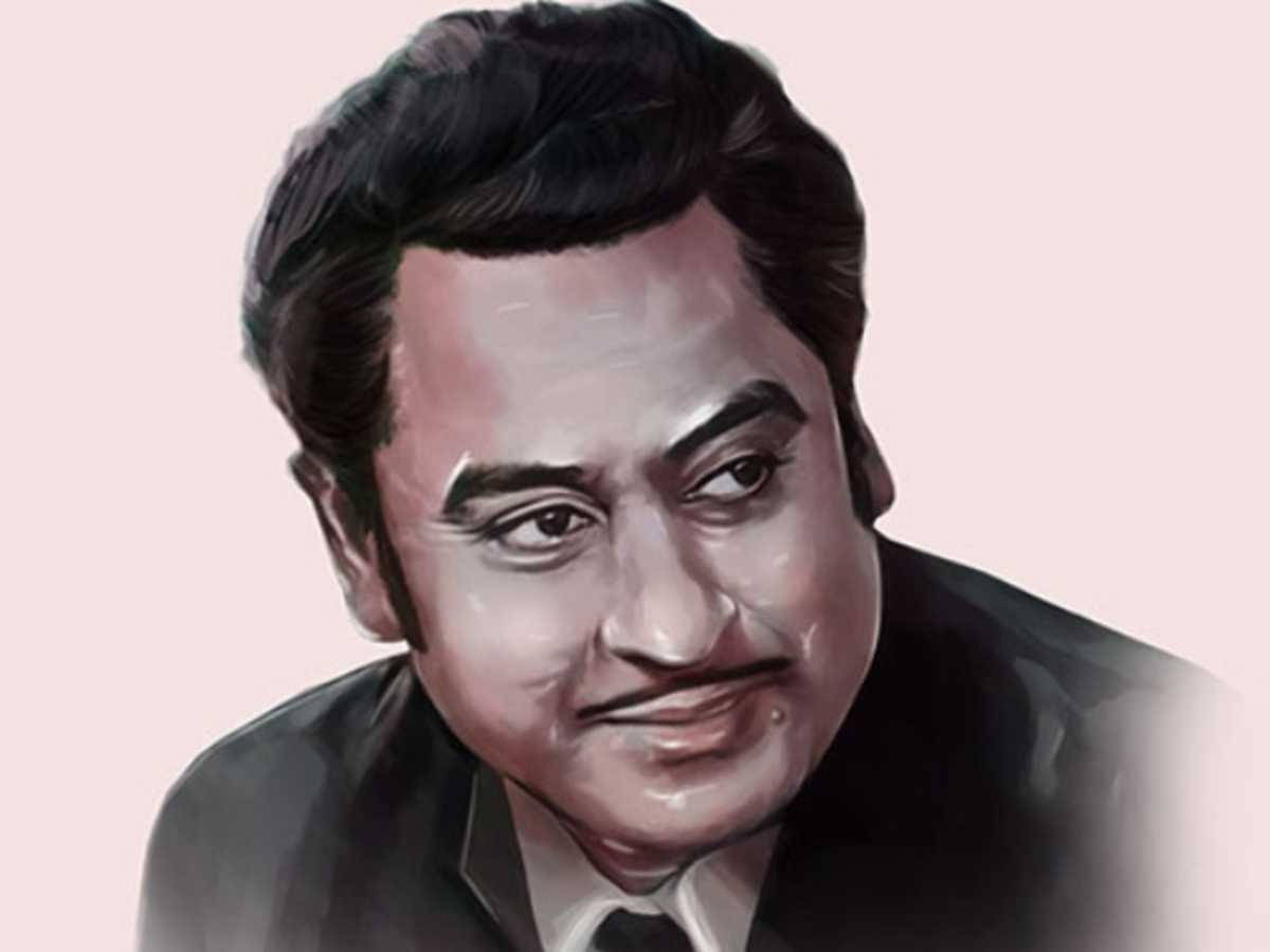 Kishore Kumar 桌布 壁紙 — 一個風格化的肖像，描繪一位深色頭髮、留鬍子的男士，身穿西裝，背景為柔和的粉紅色。