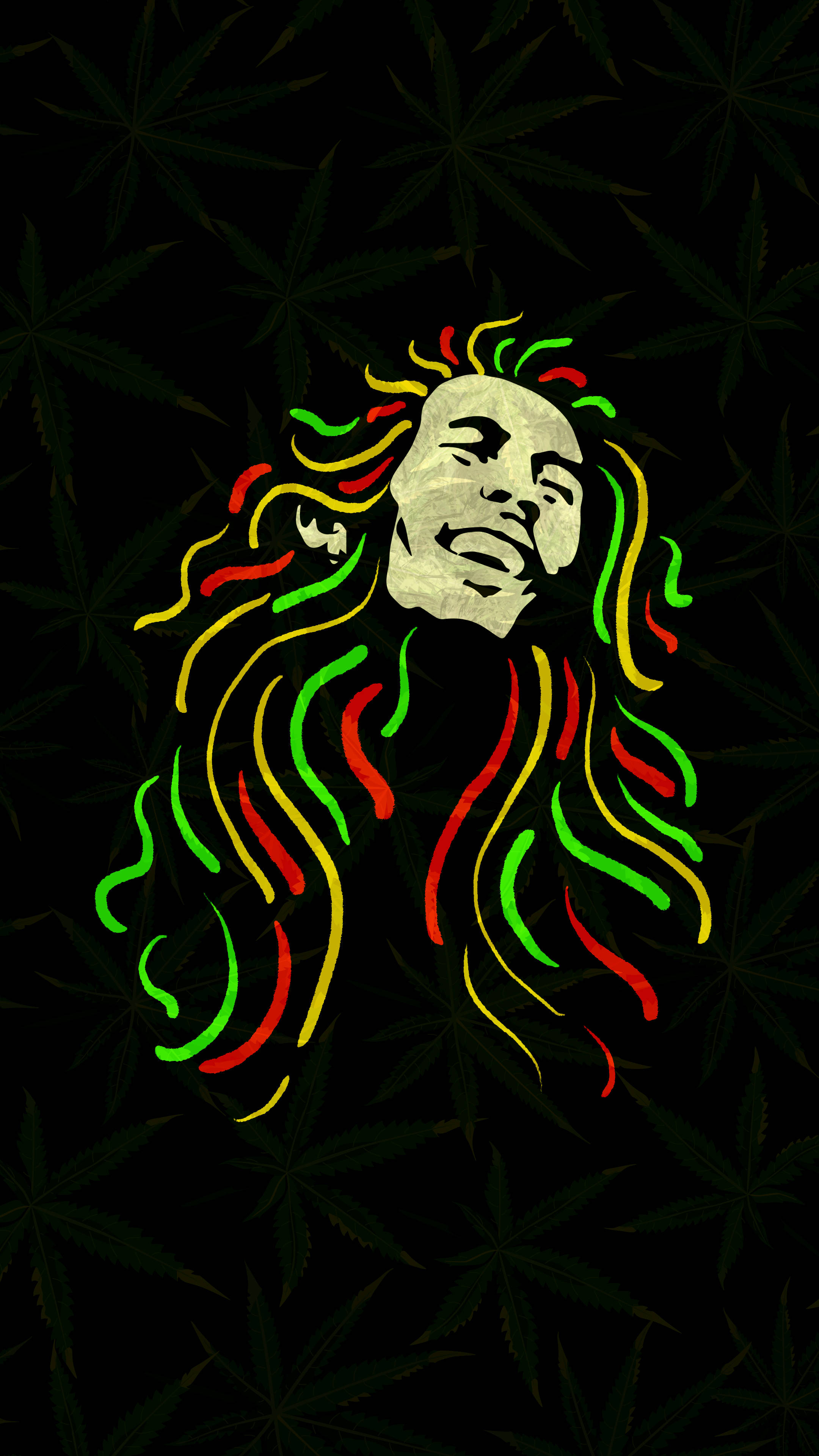 Bob Marley 桌布 壁紙 — 一個風格化的肖像，描繪一個微笑的人物，帶有鮮豔的紅色、黃色和綠色辮子，背景是充滿大麻葉的深色背景。