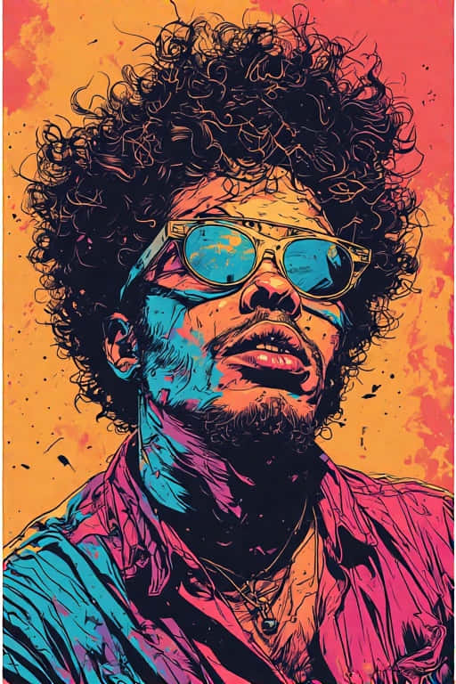 Bold Pop Art Comic Wallpaper 壁紙 — 一個風格化的肖像，描繪一個擁有狂野捲髮和太陽眼鏡的男人，背景是火熱的橙色，帶有飛濺效果。