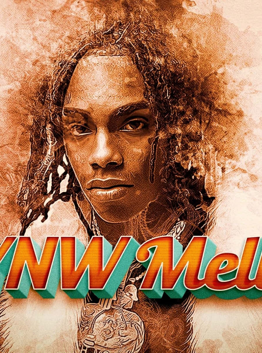 Ynw Melly Cartoon 桌布 壁紙 — 一個風格化的肖像，描繪一名帶有辮子頭和項鍊的男子，背景為有紋理的懷舊棕色，並帶有粗體的橙色和藍綠色文字。
