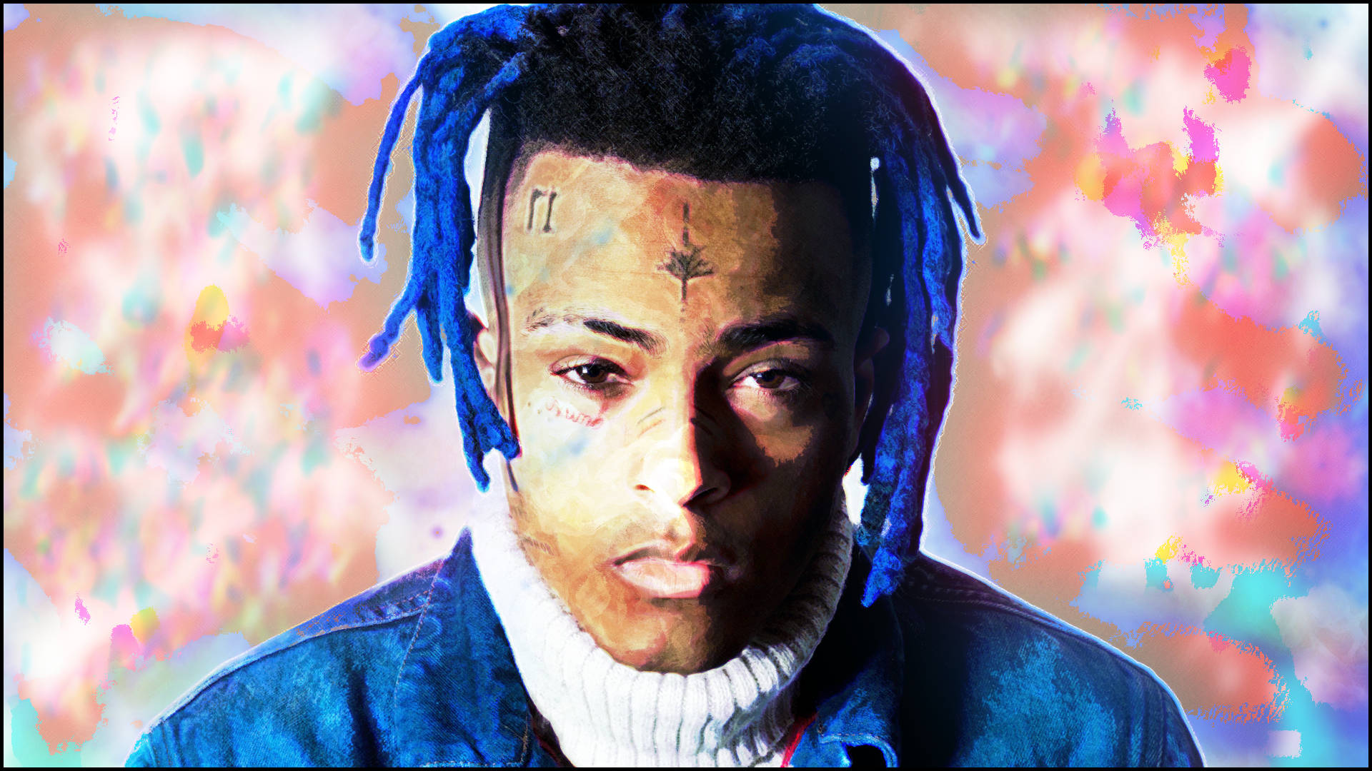xxxtentacion 電腦 桌布 壁紙 — 一個風格化的肖像，描繪一名擁有藍色辮子和面部刺青的男子，背景是充滿活力的抽象水彩畫。
