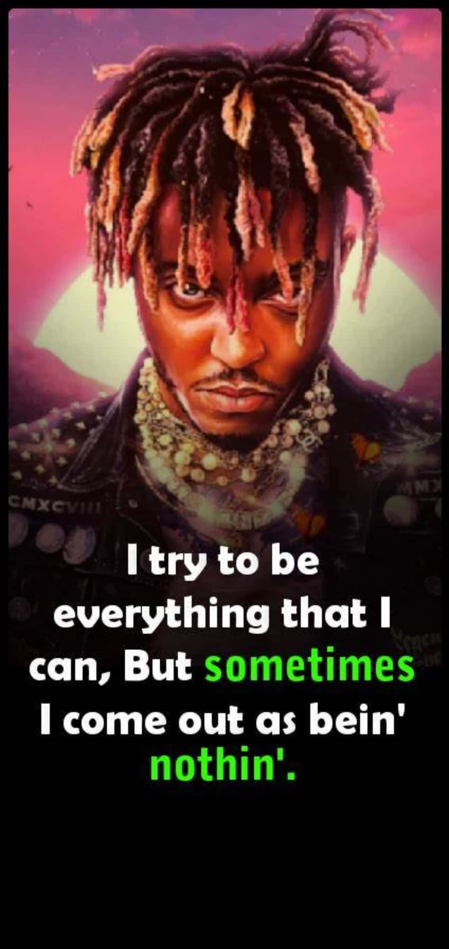 Juice Wrld Quotes 桌布 壁紙 — 一個風格化的肖像，描繪一名留著辮子、戴著多層項鍊的男子，背景是充滿活力的粉紅和紫色日落，並覆蓋著文字。