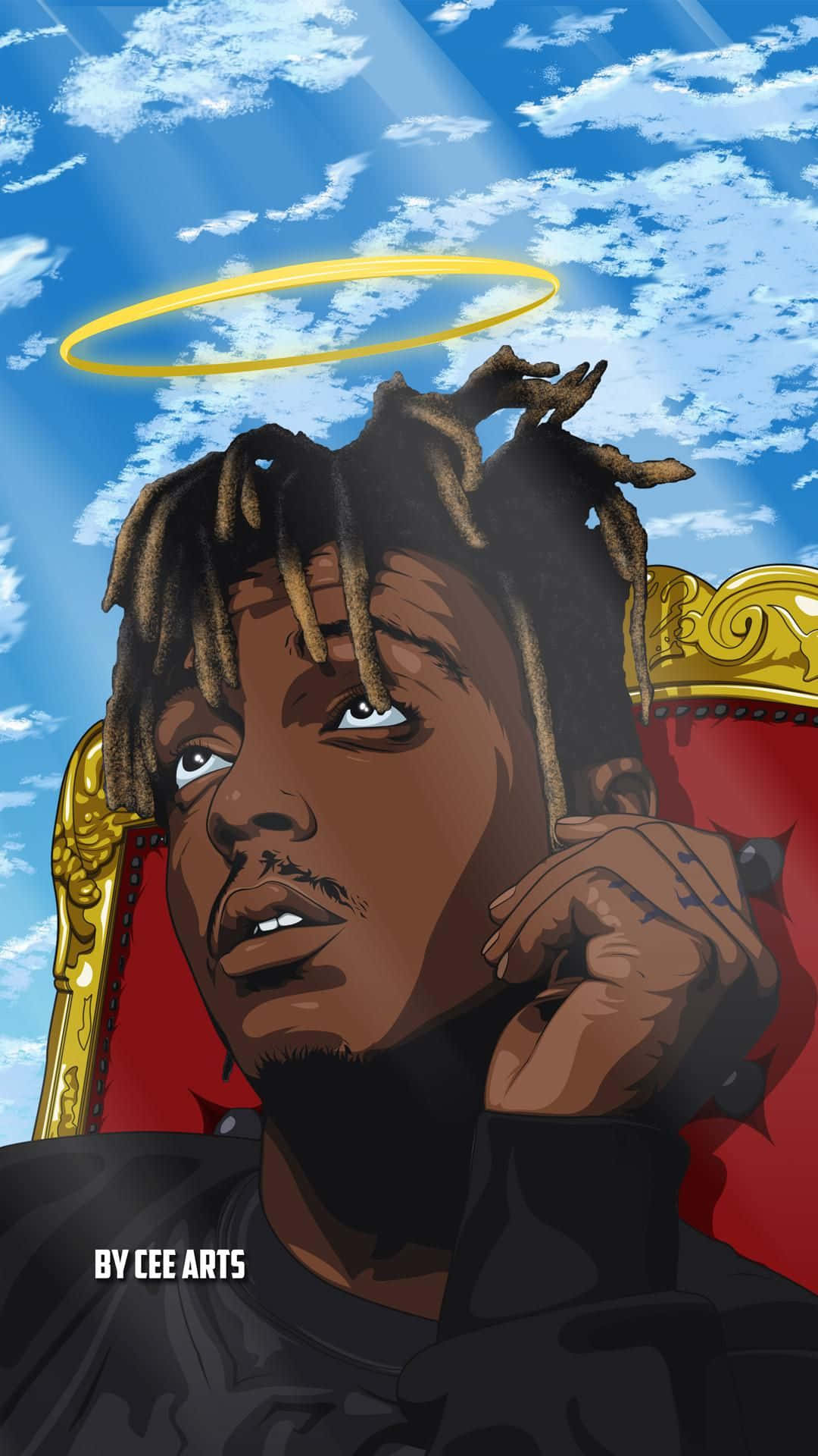 Rapper Cartoon 桌布 壁紙 — 一個風格化的肖像，描繪一名留著辮子的男子坐在紅色寶座上，頭頂上方有金色光環，背景是藍天。