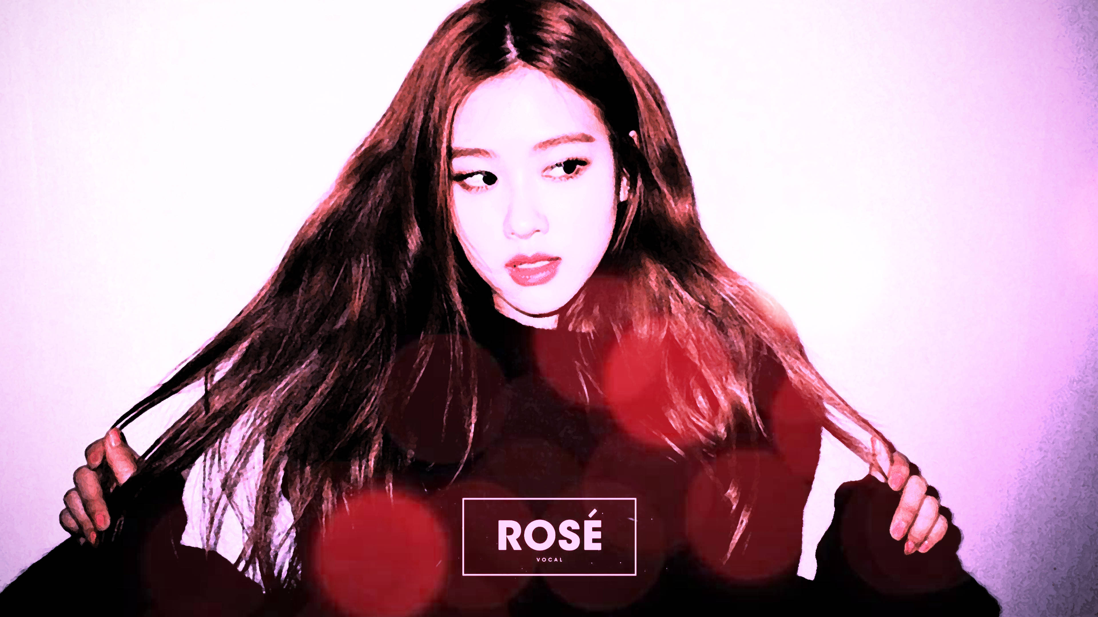 Rose Blackpink 桌布 壁紙 — 一個風格化的肖像，長黑髮的女性手持髮絲，背後有紅色散景光暈。