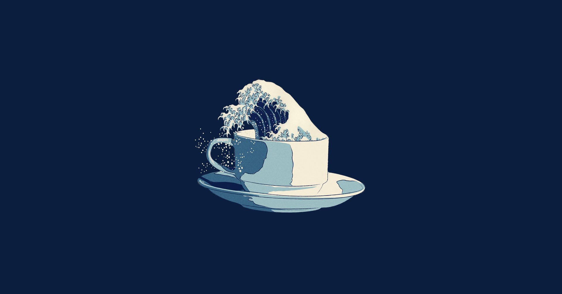 Wave 桌布 壁紙 — 一個風格化的茶杯，溢出受葛飾北齋《神奈川沖浪裏》啟發的巨浪，背景為深藍色。