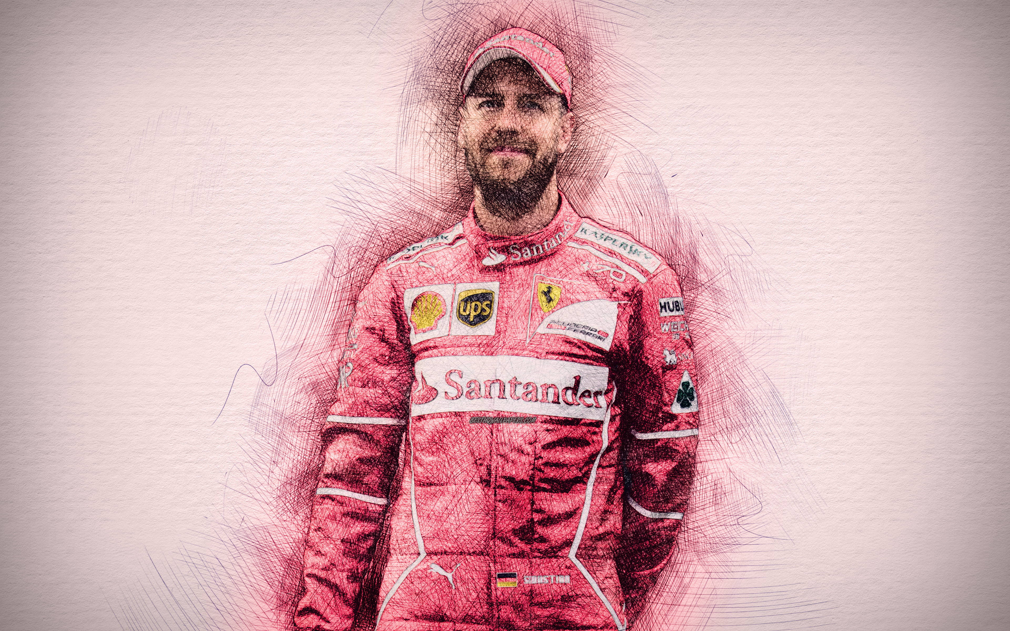 sebastian vettel 桌布 壁紙 — 一個風格化的草圖，描繪一位鬍鬚男子穿著紅色法拉利賽車服，帶有贊助商標誌，背景有紋理。