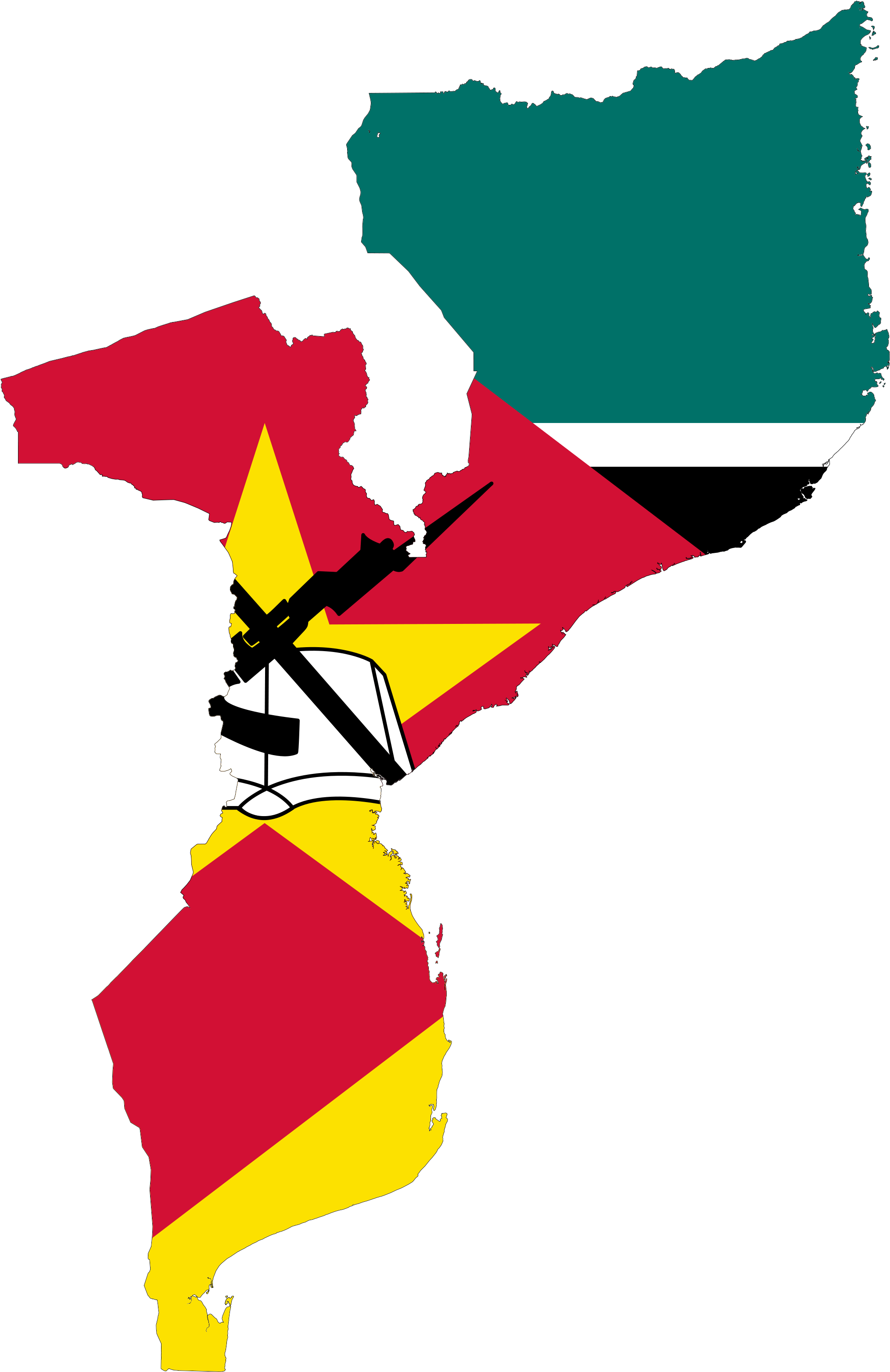 Mozambique 桌布 壁紙 — 一個風格化的莫三比克地圖，填充其國旗顏色和符號，背景為黑色。