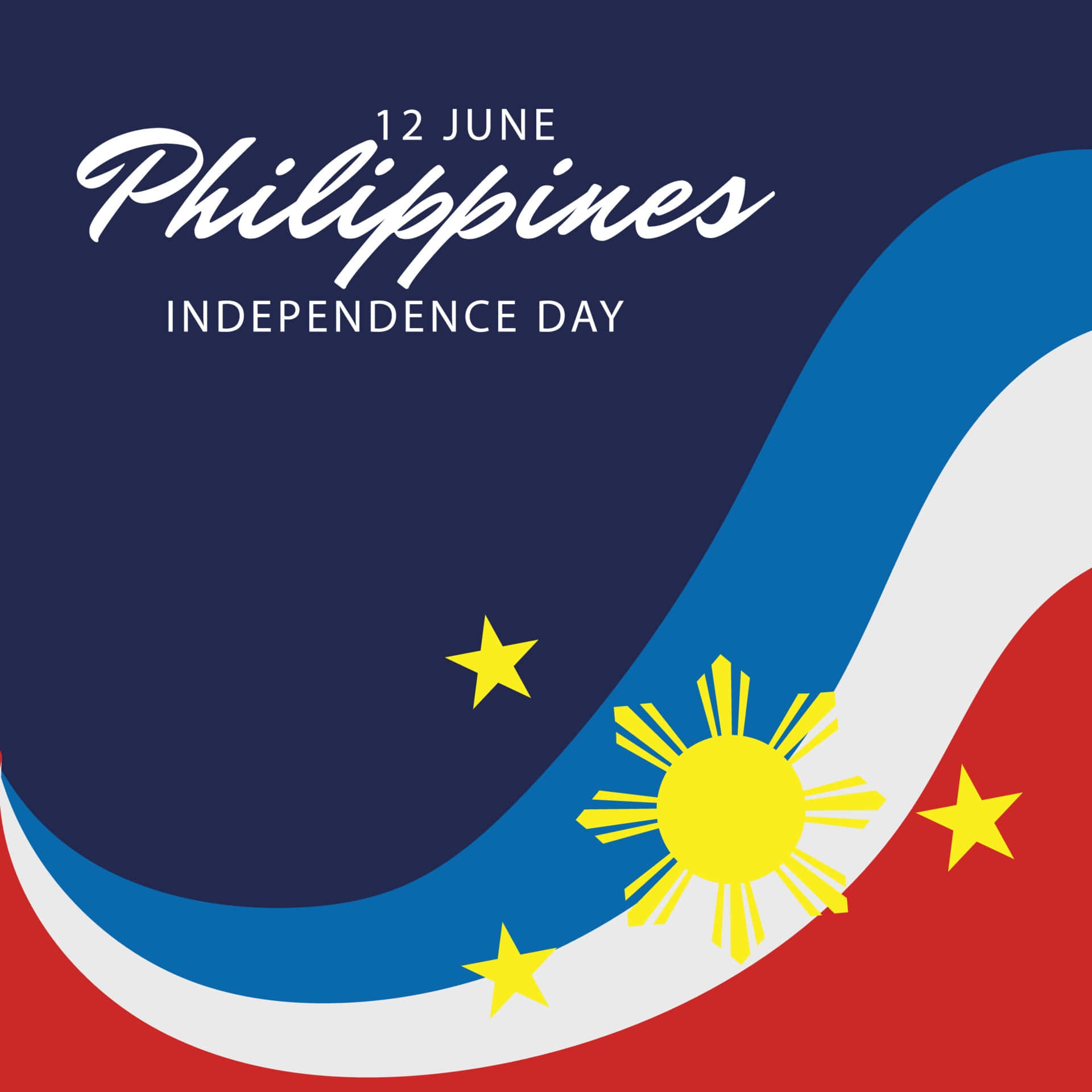 Independence 桌布 壁紙 — 一個風格化的菲律賓國旗圖形，帶有波浪條紋和太陽星星，慶祝6月12日的獨立日。