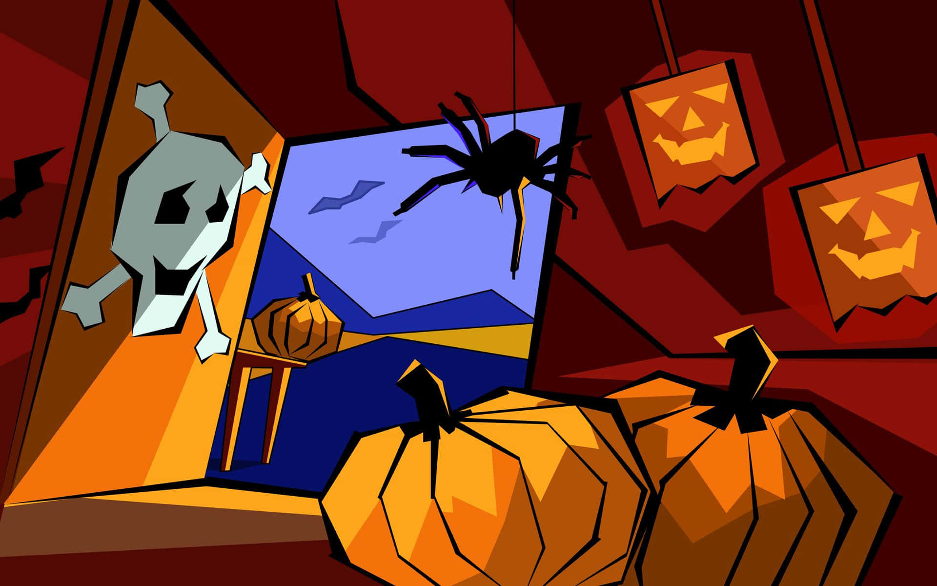Cartoon Horror 桌布 壁紙 — 一個風格化的萬聖節場景，有發光的南瓜燈、懸掛的蜘蛛和帶有骨頭的骷髏，背景為深紅色。