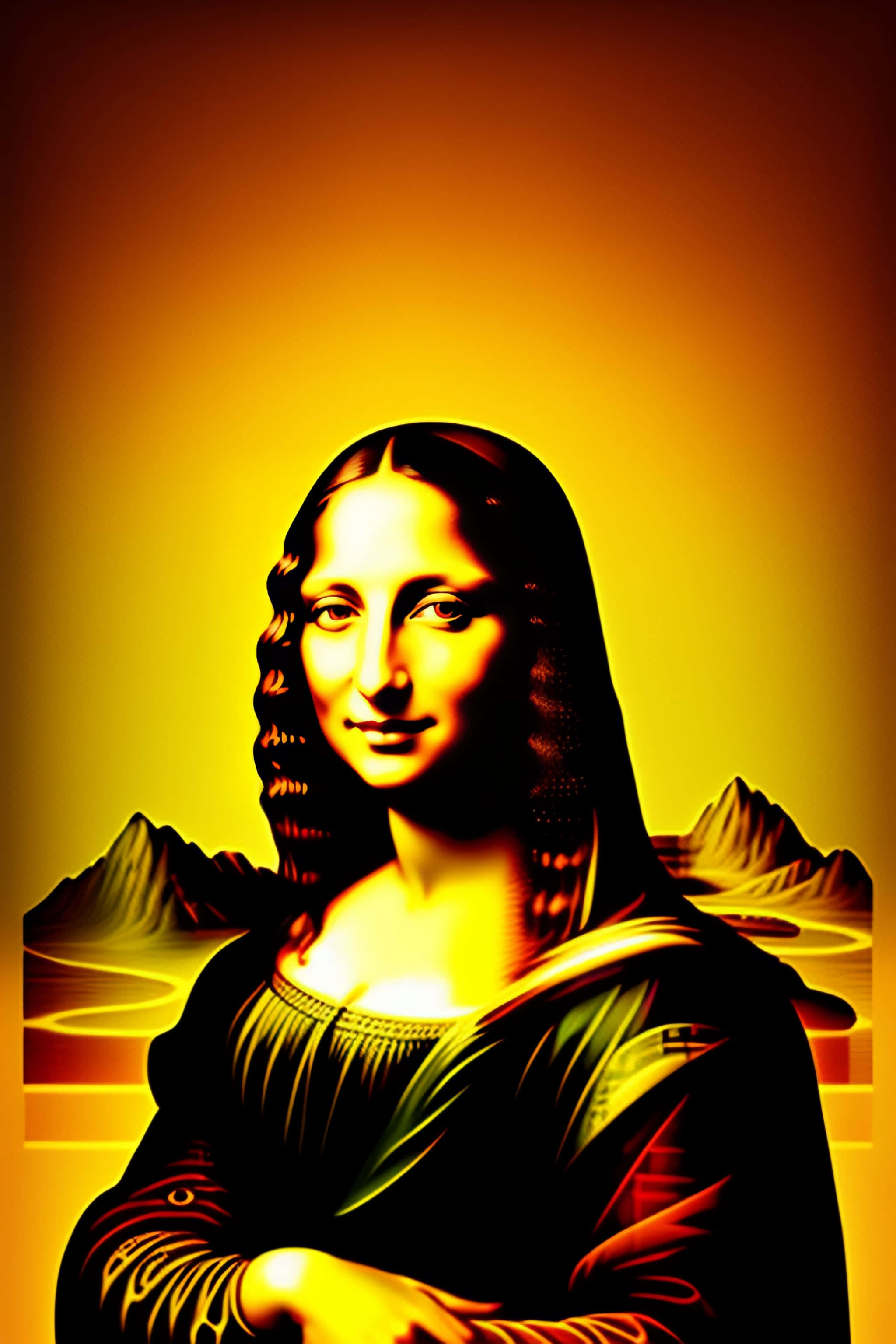 Mona Lisa 桌布 壁紙 — 一個風格化的蒙娜麗莎，擁有發光的金色皮膚和深色頭髮，站在一個燦爛的黃橙色漸變背景前，背後有山脈輪廓。