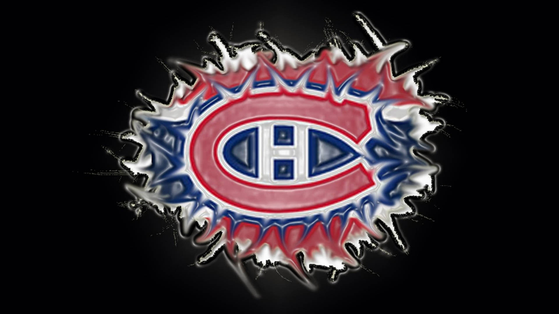Canadiens 桌布 壁紙 — 一個風格化的蒙特婁加拿大人隊標誌，以紅、藍、白色在黑色背景上帶有火焰飛濺效果爆發出來。