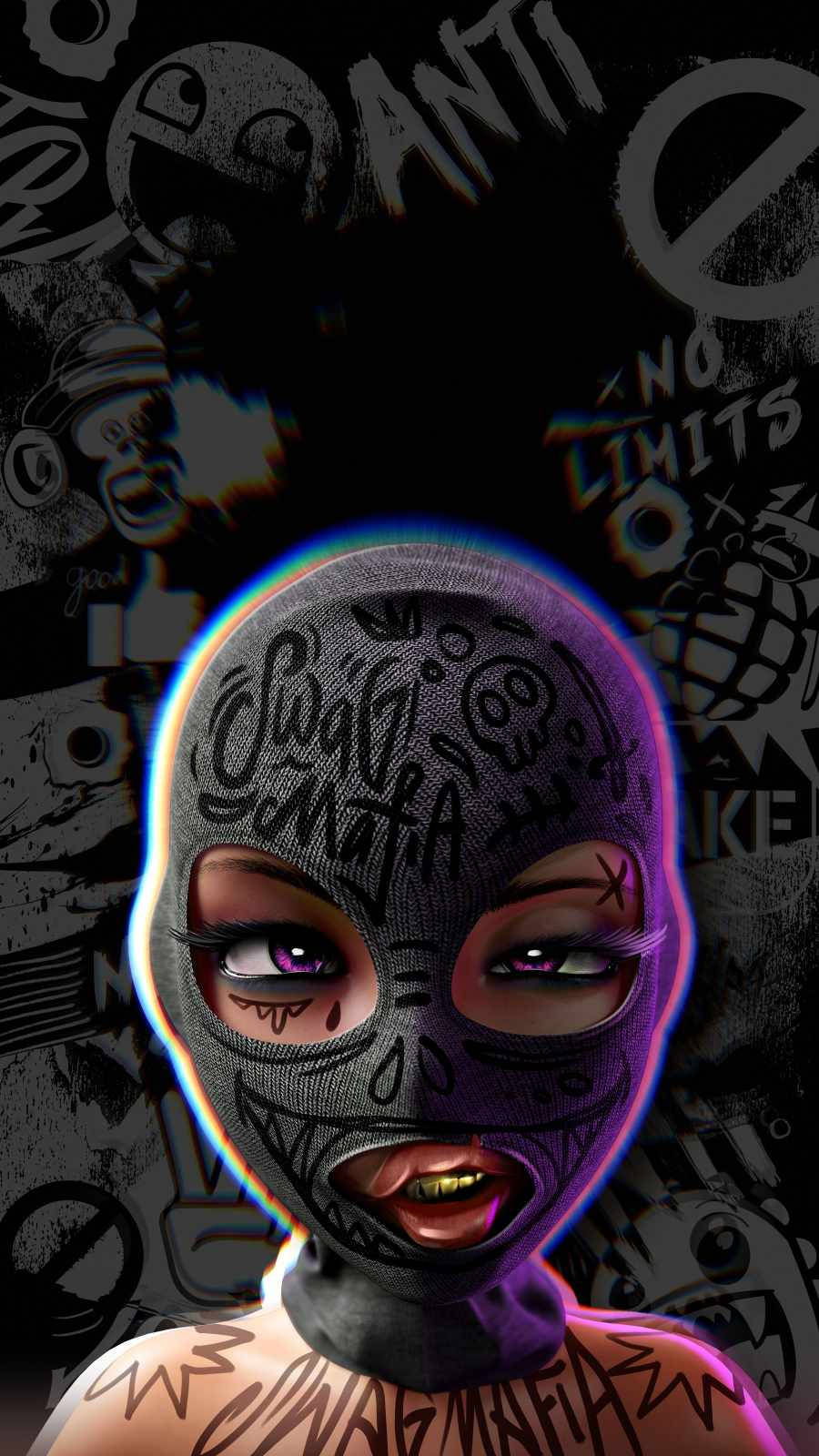 black cartoon girl 桌布 壁紙 — 一個風格化的蒙面人物，帶有發光的眼睛和塗鴉紋身，在黑暗的城市塗鴉背景下發光。