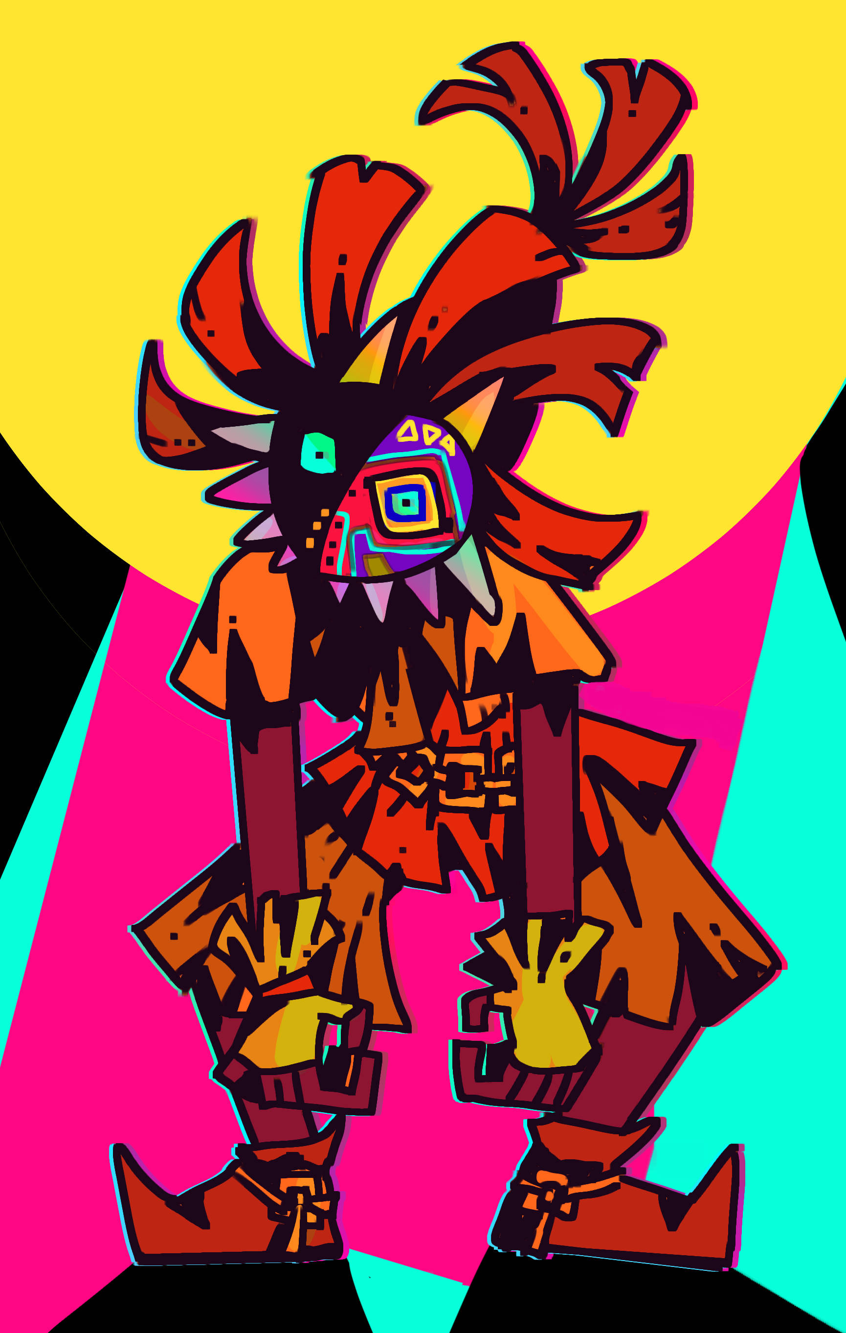 Majora's Mask 桌布 壁紙 — 一個風格化的蒙面人物，擁有火紅的頭髮和幾何形狀的臉，站在大膽的黃色、粉紅色和青色背景前。
