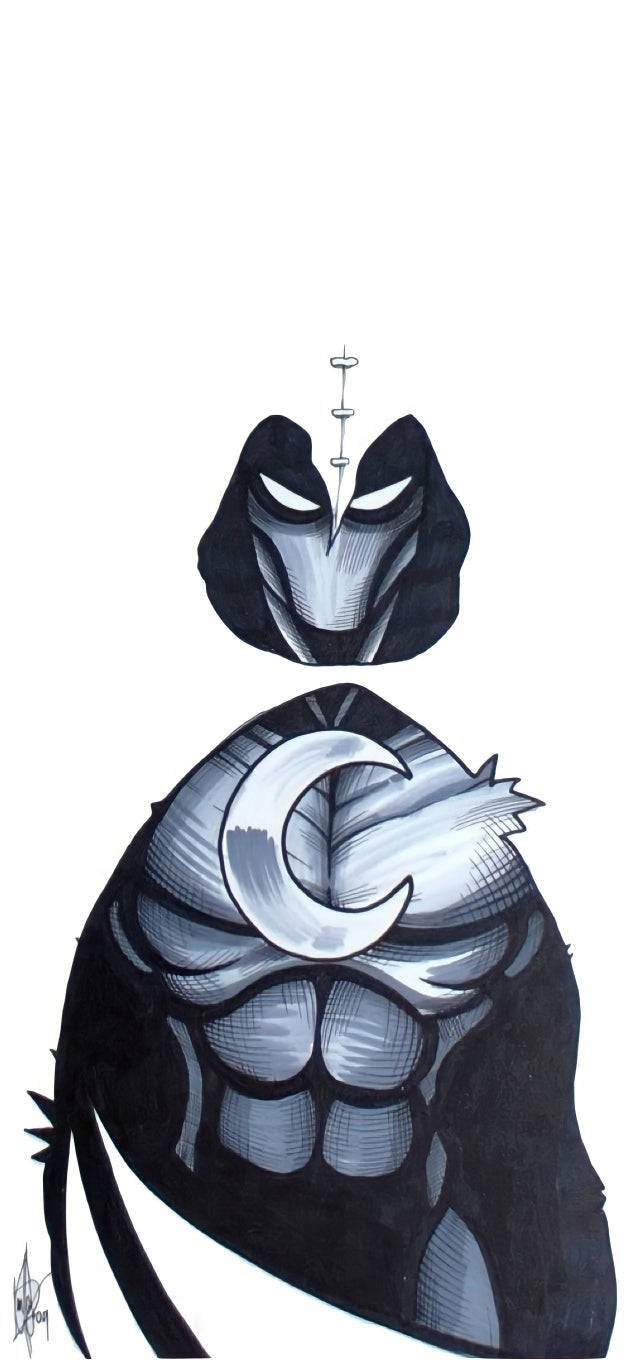 Moon Knight 桌布 壁紙 — 一個風格化的蒙面人物，胸前有新月標誌，站在純白背景前。