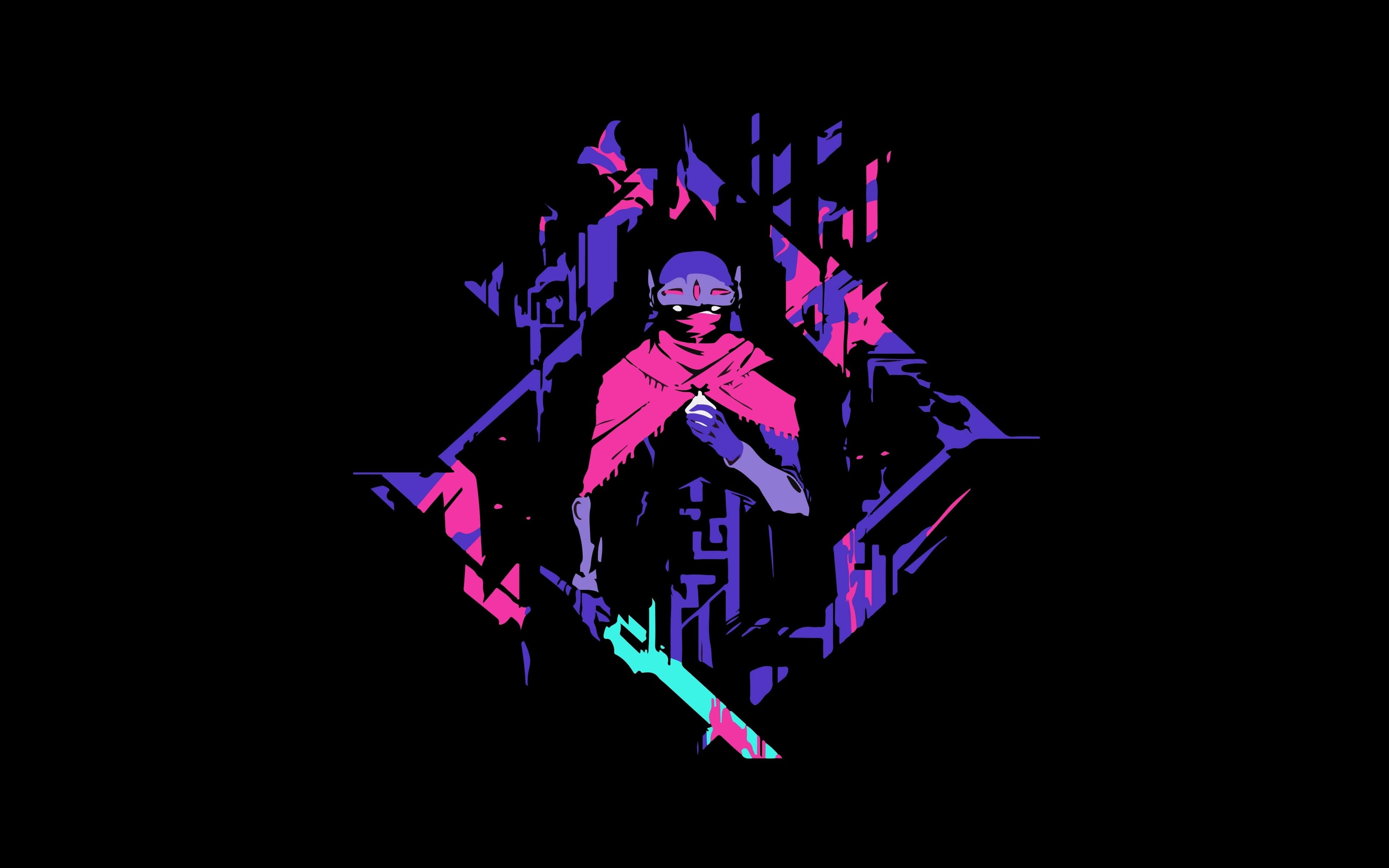 Minimalist Gaming 桌布 壁紙 — 一個風格化的蒙面人物，身著粉紅和紫色霓虹燈，在黑色背景上手持發光的劍，周圍有幾何碎片。