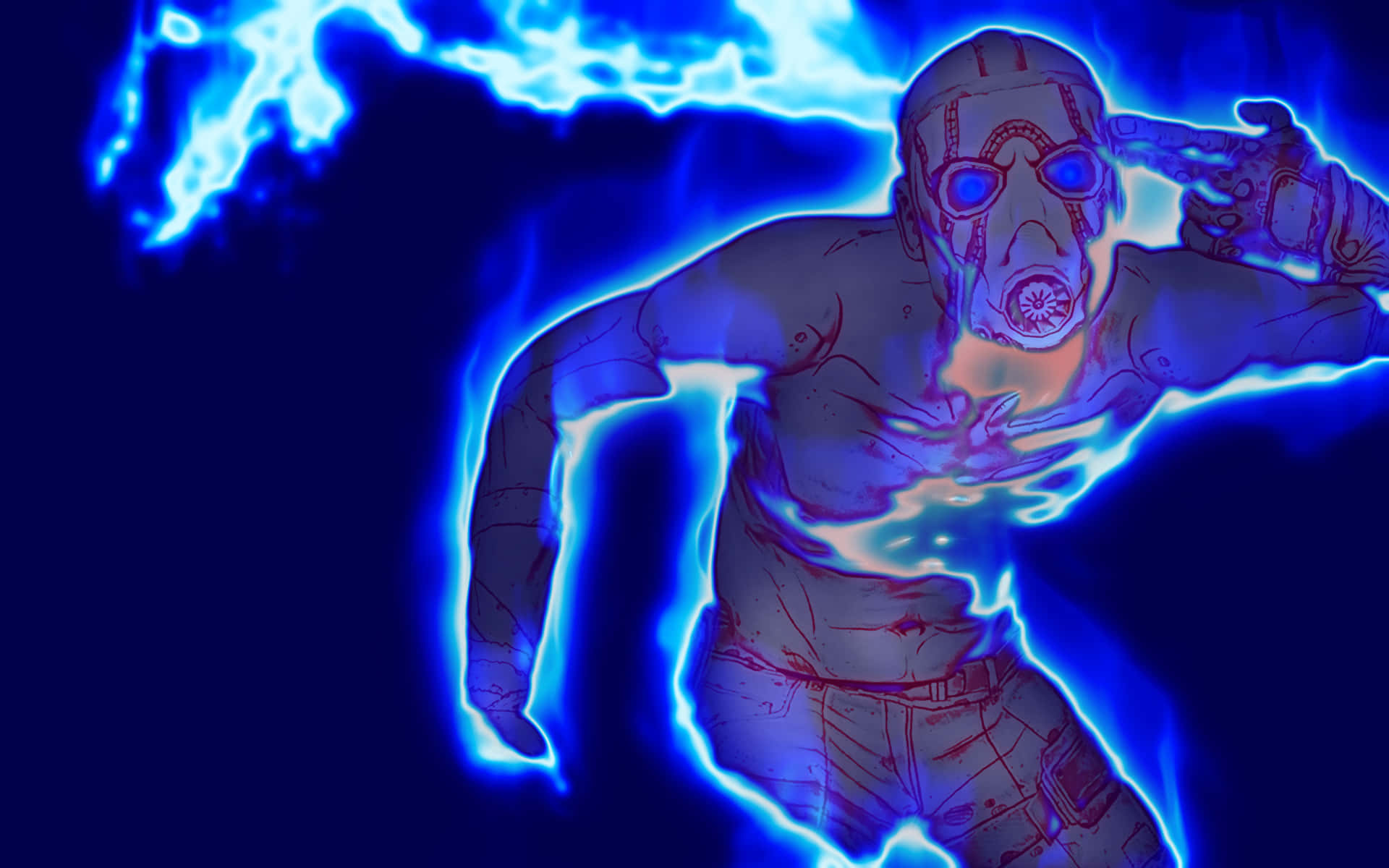Borderlands 桌布 壁紙 — 一個風格化的蒙面人物在黑暗背景中散發出電光藍色能量。
