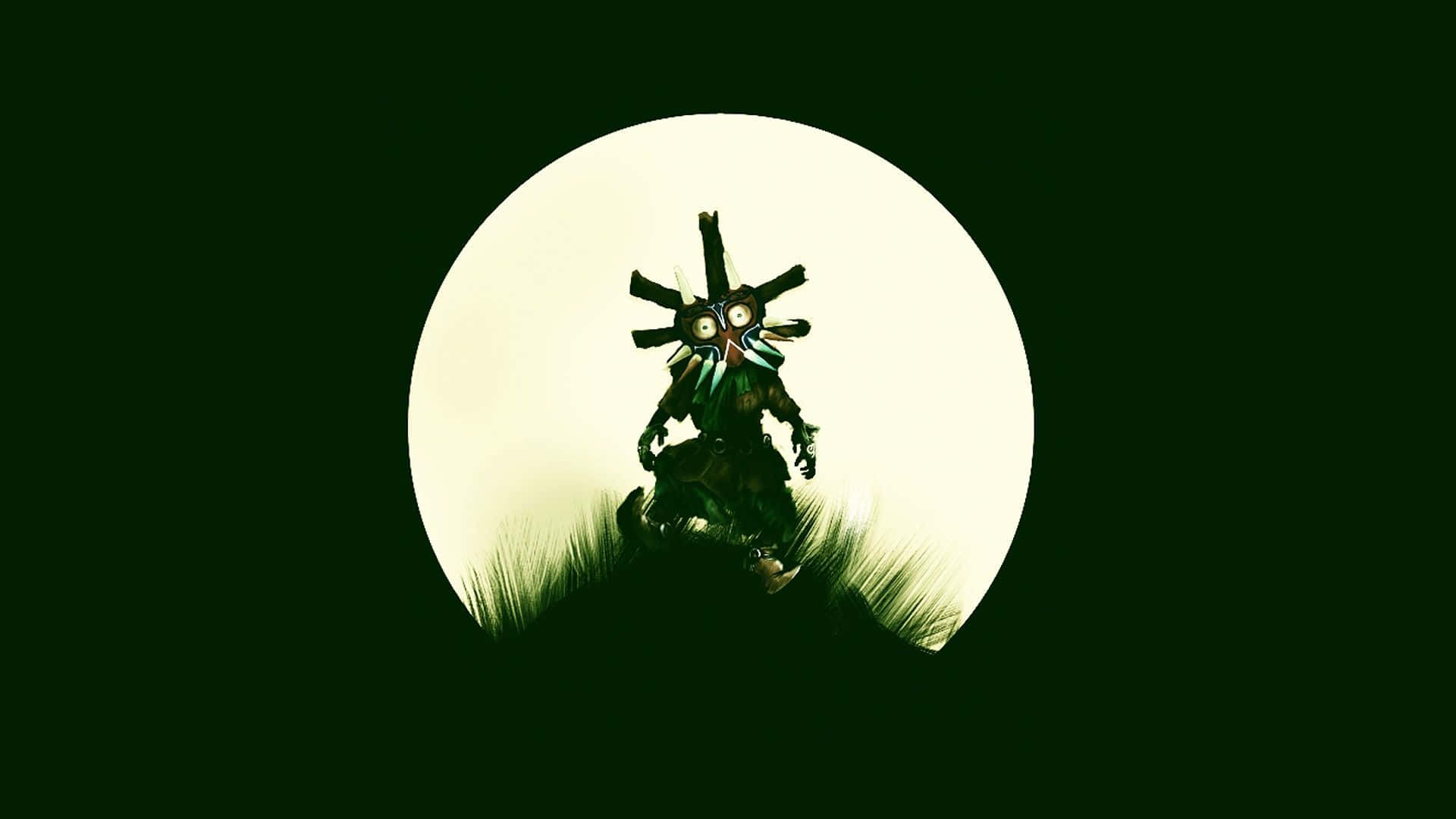 薩爾達傳說 桌布 壁紙 — 一個風格化的蒙面人物坐在長滿草的土丘上，在深綠色黑暗中以剪影映襯著發光的圓形月亮。
