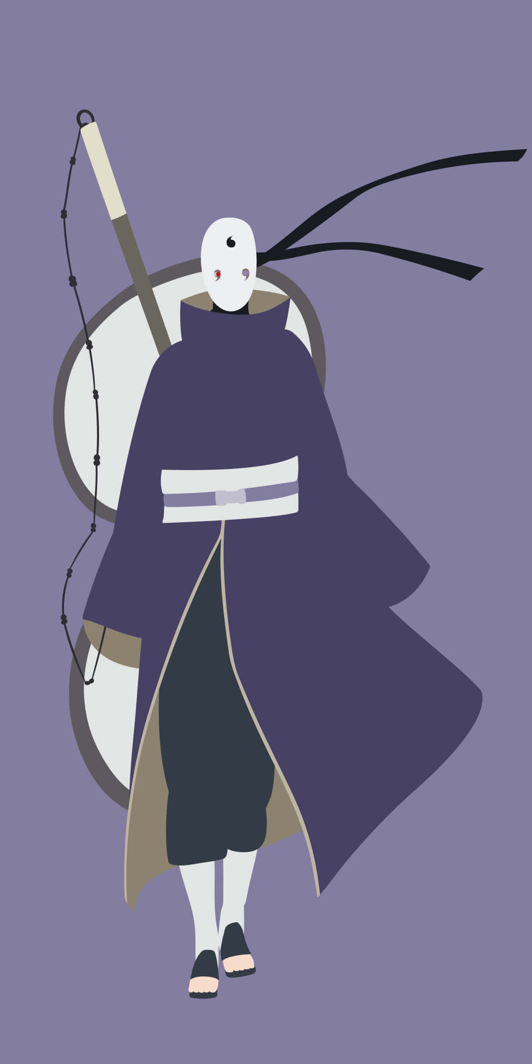 Uchiha iPhone 桌布 壁紙 — 一個風格化的蒙面忍者，身穿紫色斗篷，手持劍和盾牌，背景為純色薰衣草色。