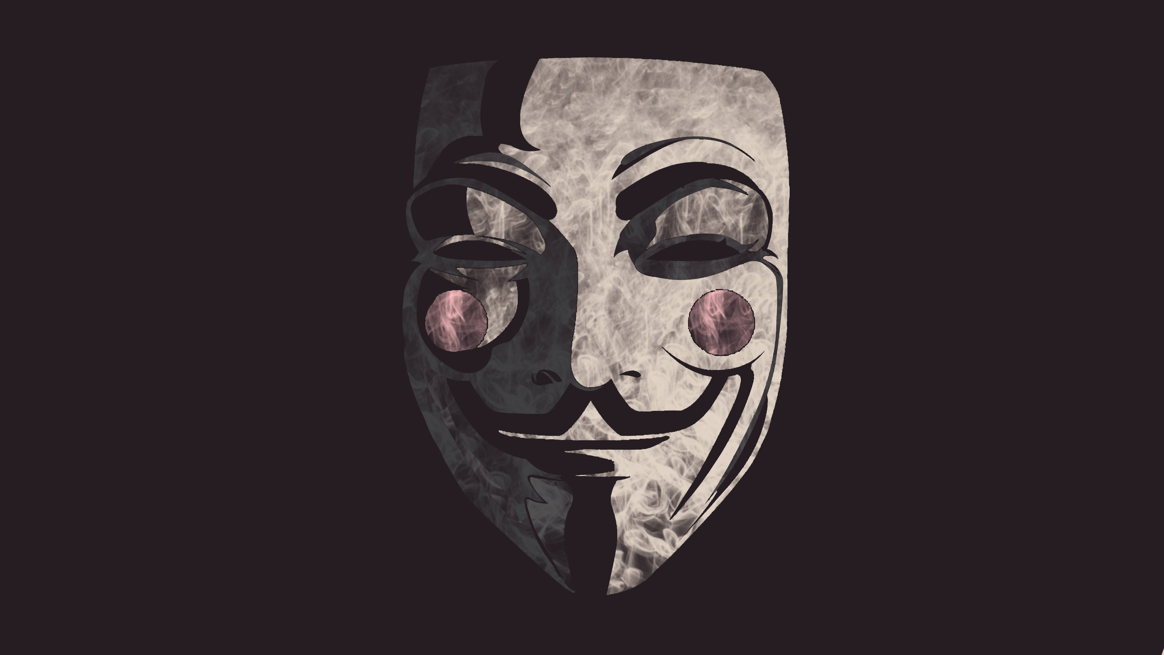 桌布 壁紙 — 一個風格化的蓋伊·福克斯面具，帶有紋理的灰色表面和粉紅色的眼睛，置於深色背景上。