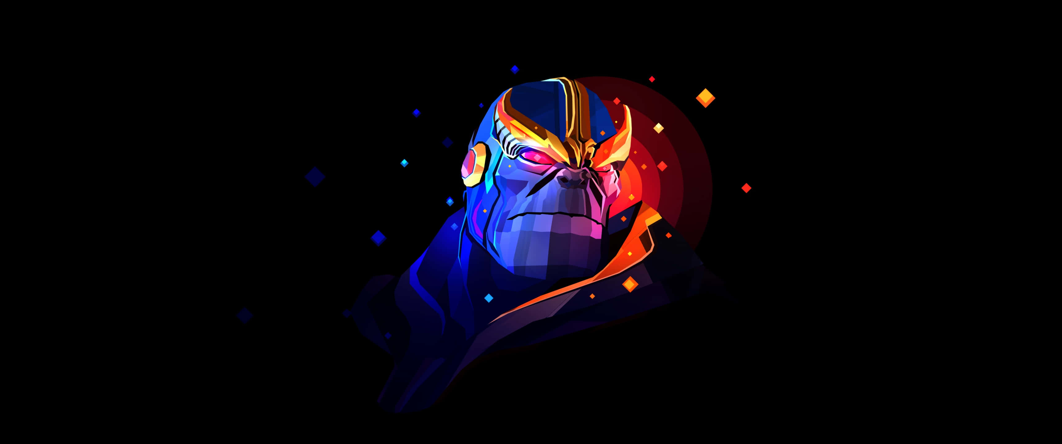Thanos 桌布 壁紙 — 一個風格化的薩諾斯，擁有發光的紅色眼睛和宇宙能量粒子，背景為黑色。